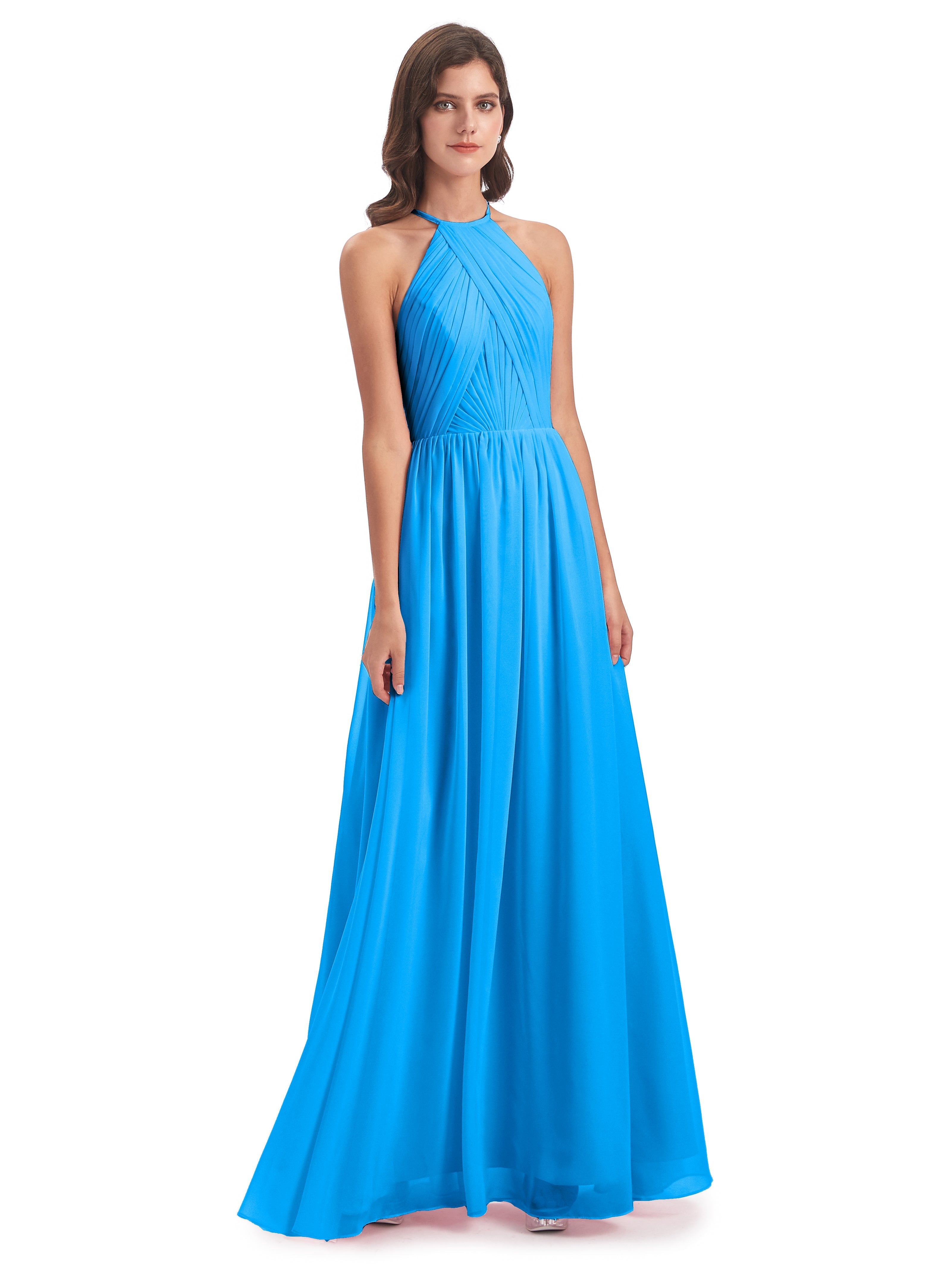 Robes De Demoiselle D'Honneur Bleu Océan Dos Ouvert Licou Mousseline Robes Demoiselle D'Honneur