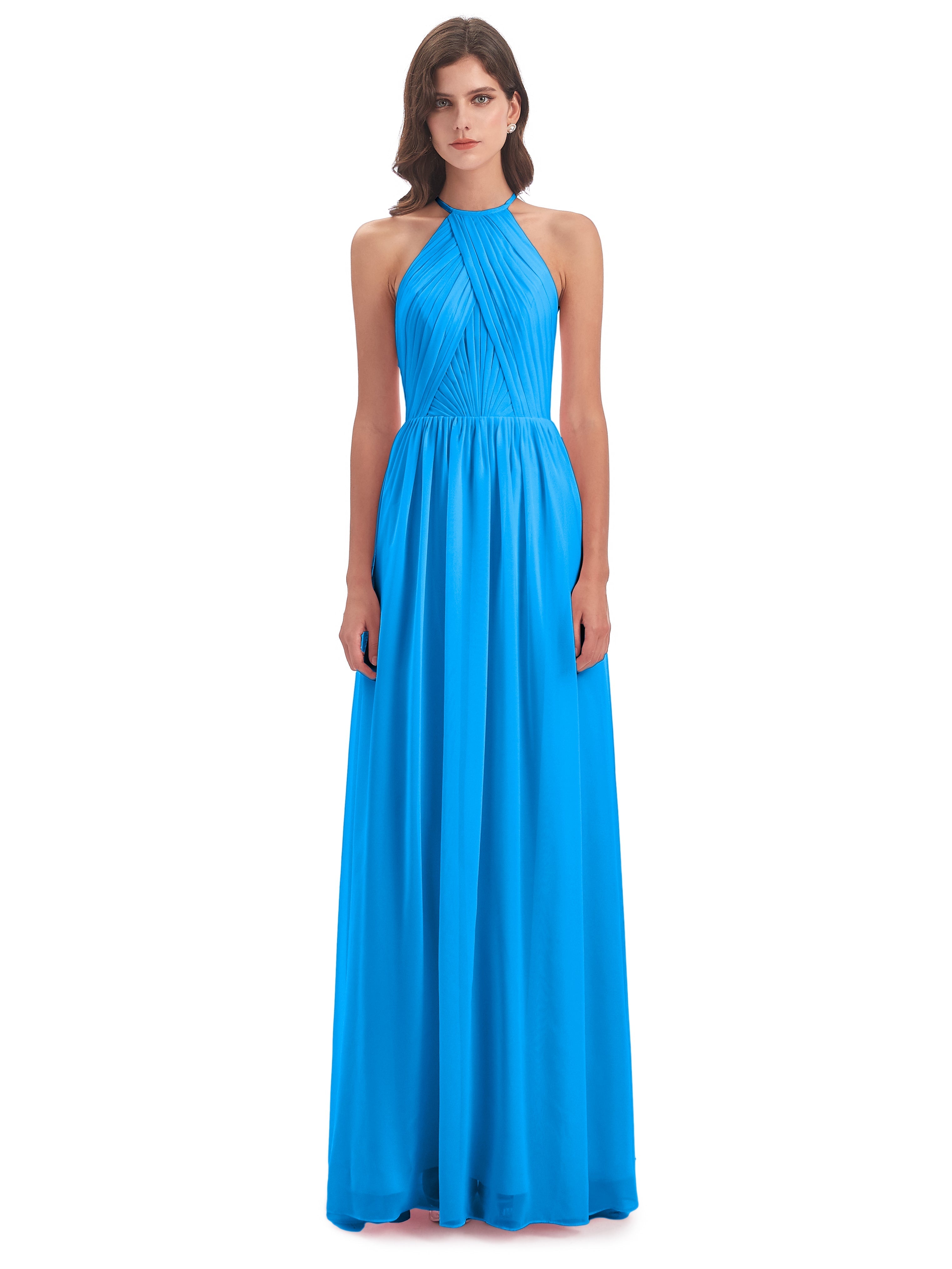 Robes De Demoiselle D'Honneur Bleu Océan Dos Ouvert Licou Mousseline Robes Demoiselle D'Honneur