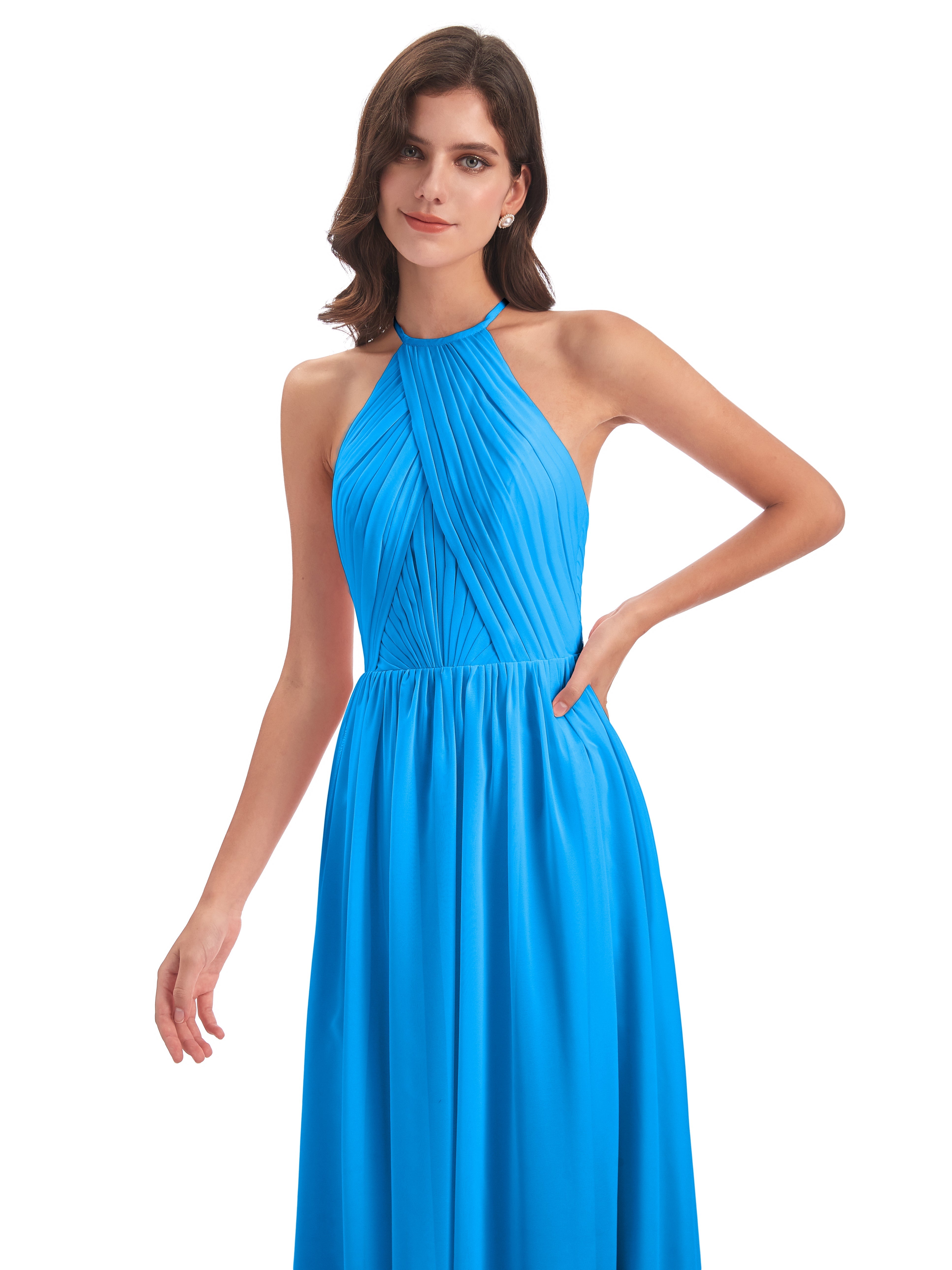 Robes De Demoiselle D'Honneur Bleu Océan Dos Ouvert Licou Mousseline Robes Demoiselle D'Honneur