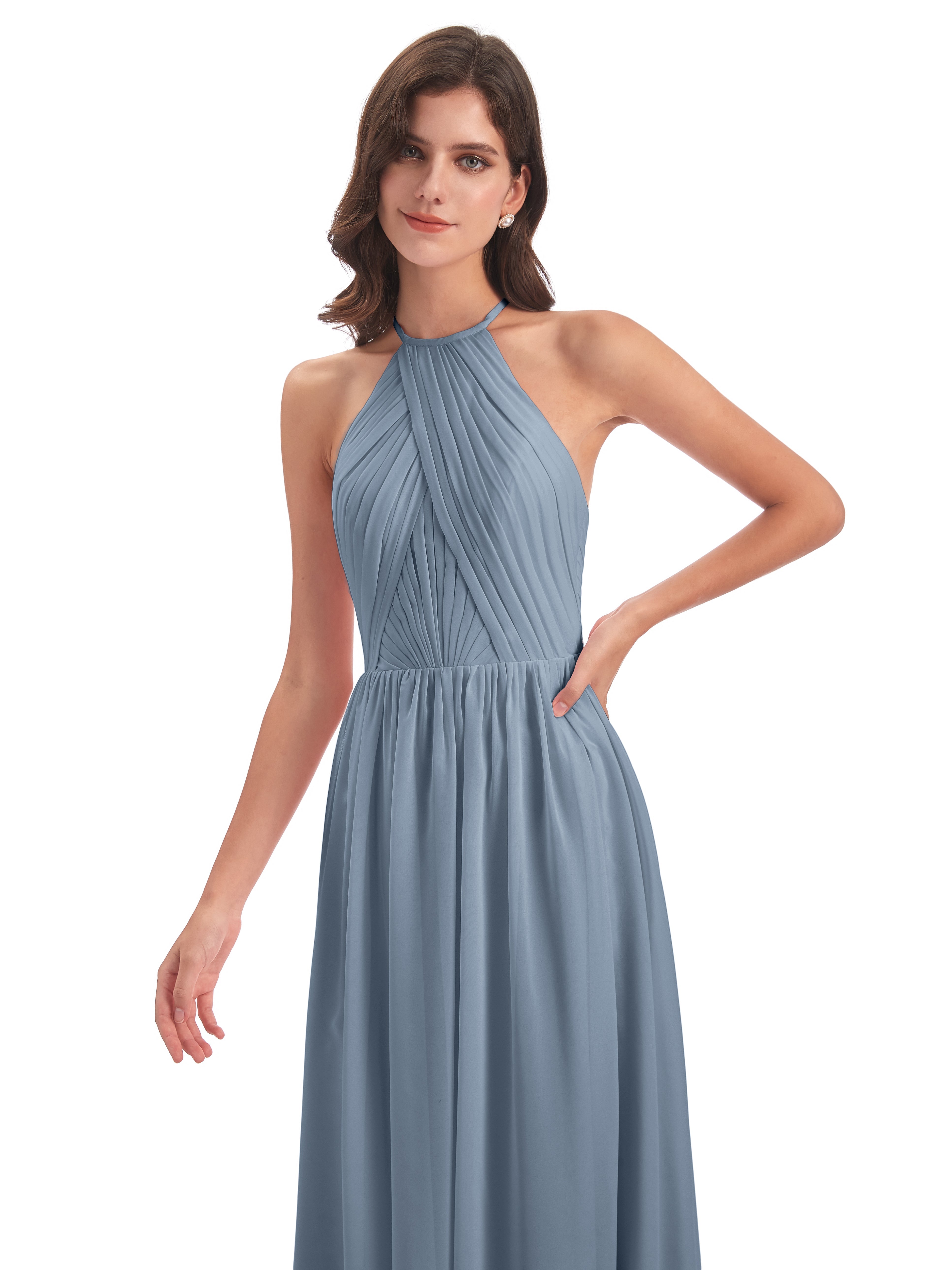 Robes De Demoiselle D'Honneur Bleu Poussiéreux Dos Ouvert Licou Mousseline Robes Demoiselle D'Honneur