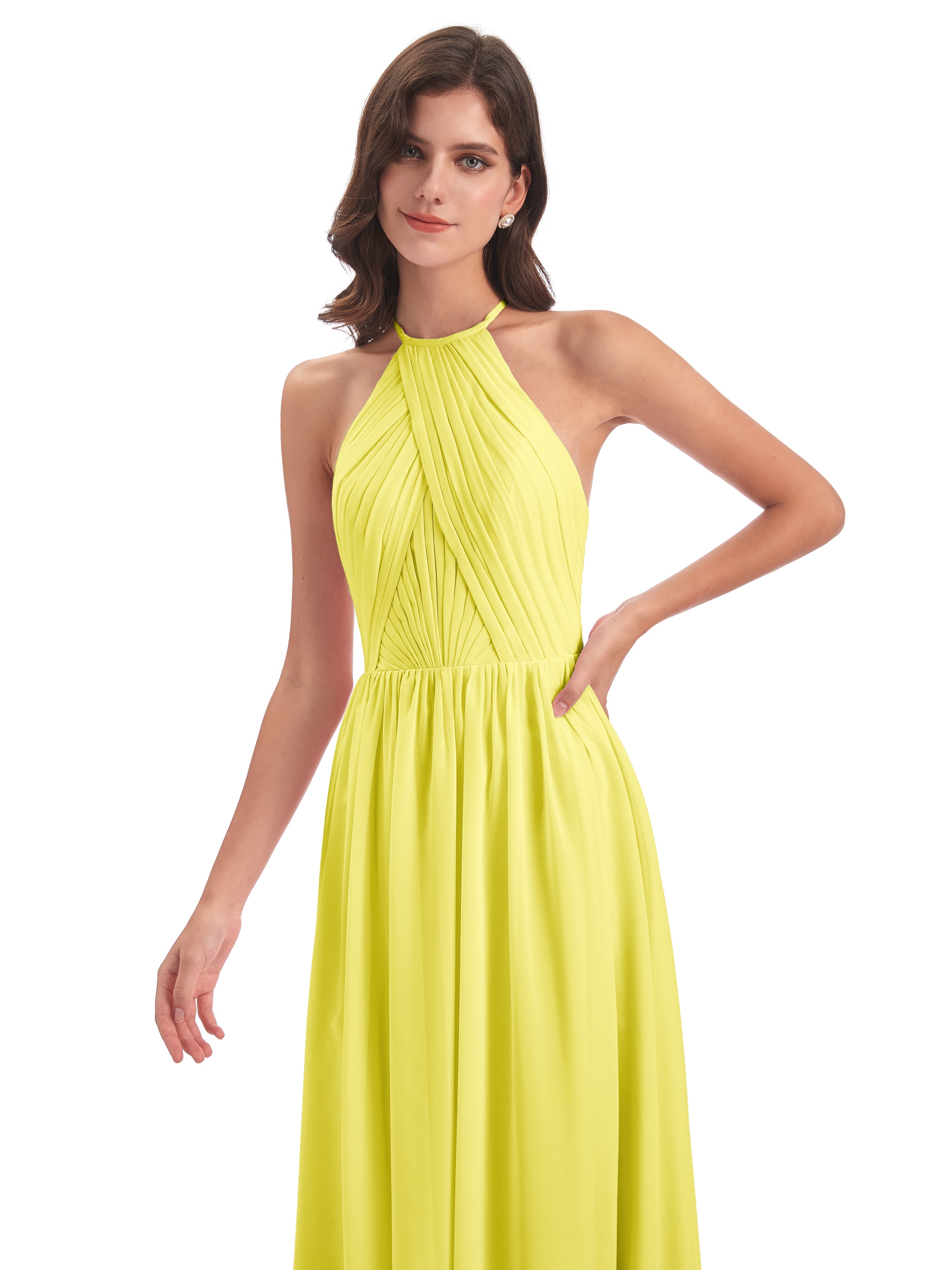 Robes De Demoiselle D'Honneur Citron Dos Ouvert Licou Mousseline Robes Demoiselle D'Honneur
