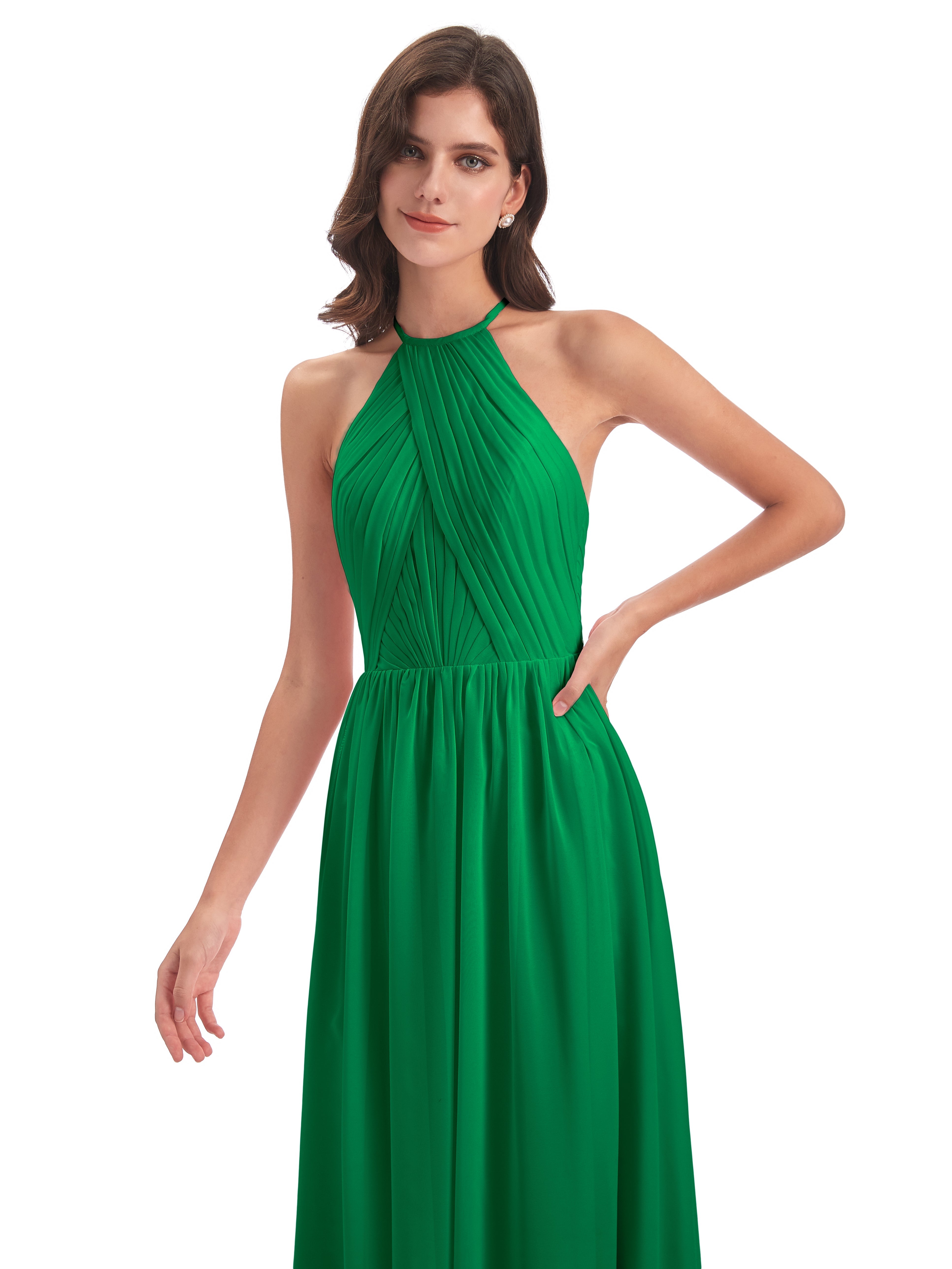 Bridal Robe Demoiselle D Honneur Vert Emeraude Dos Ouvert Licou Mousseline Robes Demoiselle D'Honneur