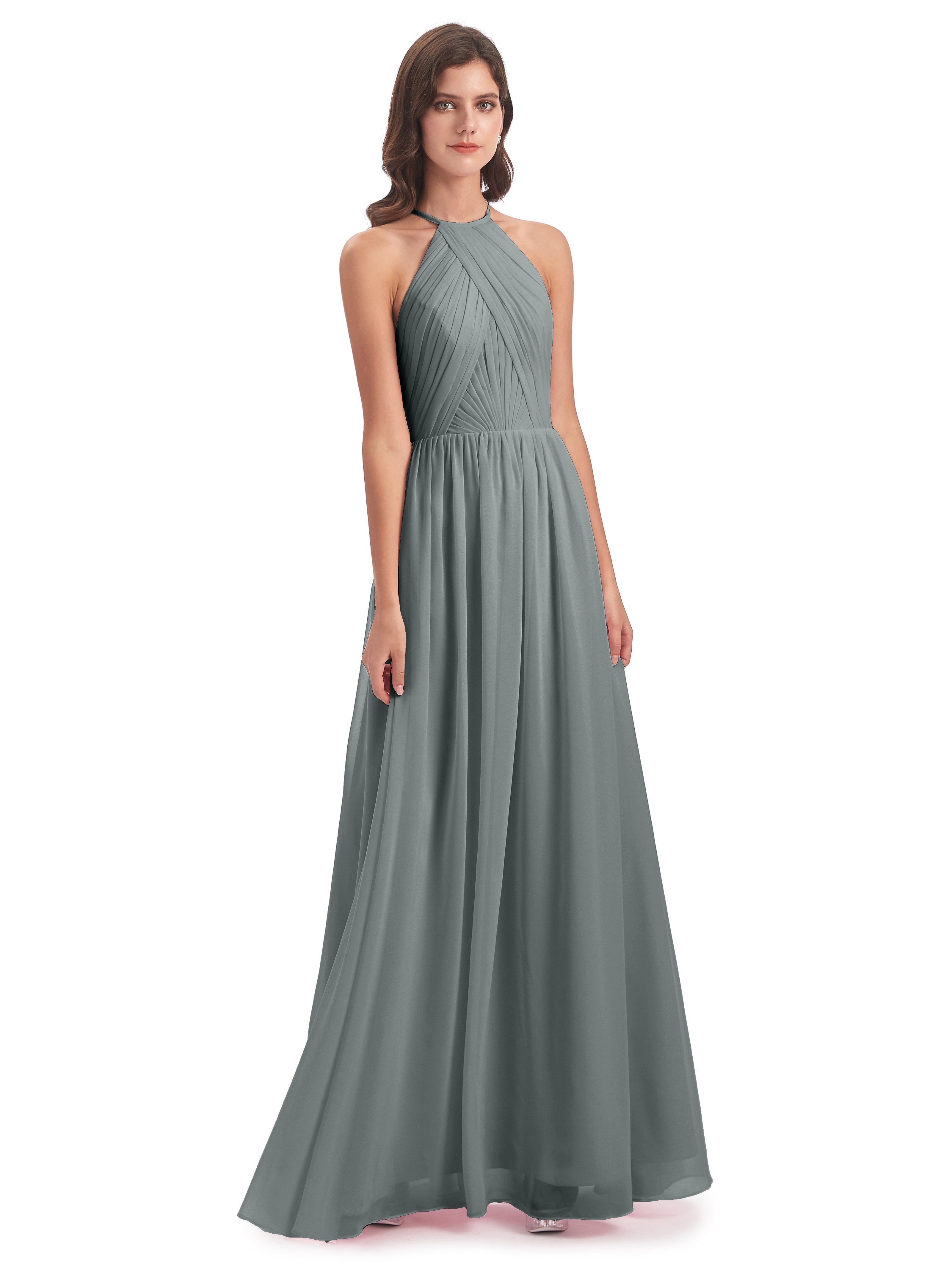 Robe Demoiselle D Honneur Gris Argenté Dos Ouvert Licou Mousseline Robes Demoiselle D'Honneur