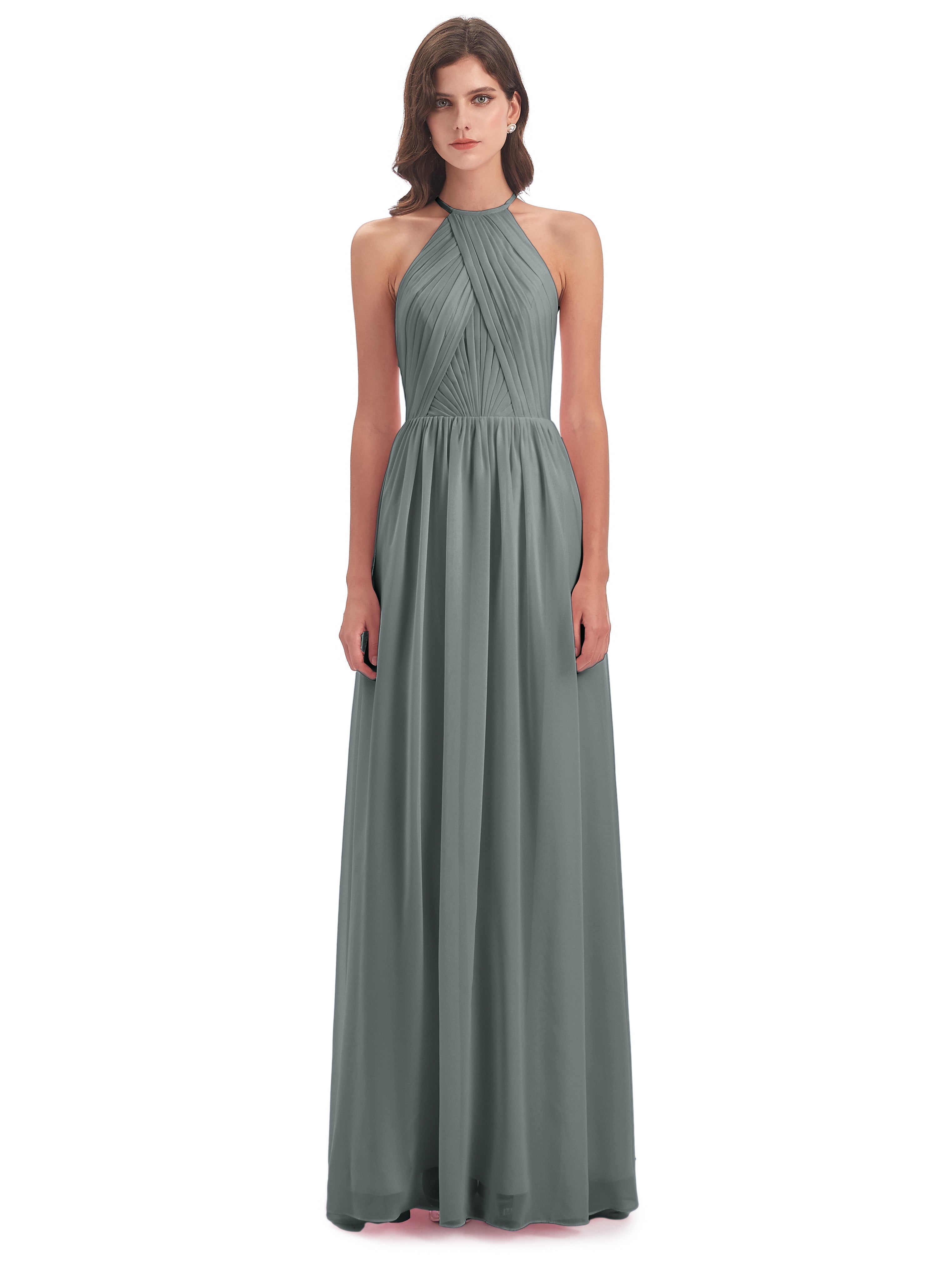 Robe Demoiselle D Honneur Gris Argenté Dos Ouvert Licou Mousseline Robes Demoiselle D'Honneur