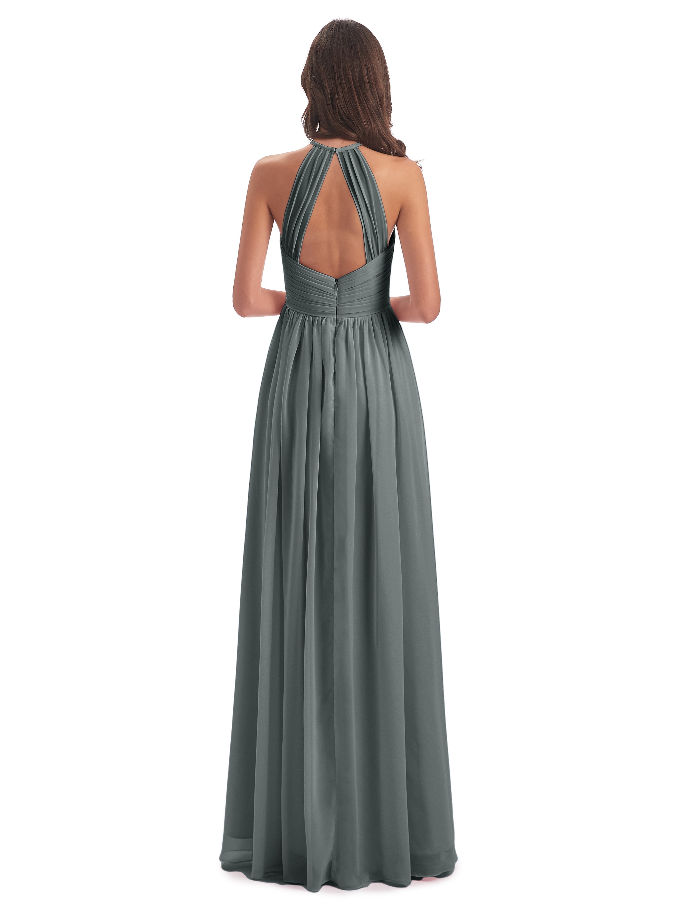 Robe Demoiselle D Honneur Gris Argenté Dos Ouvert Licou Mousseline Robes Demoiselle D'Honneur