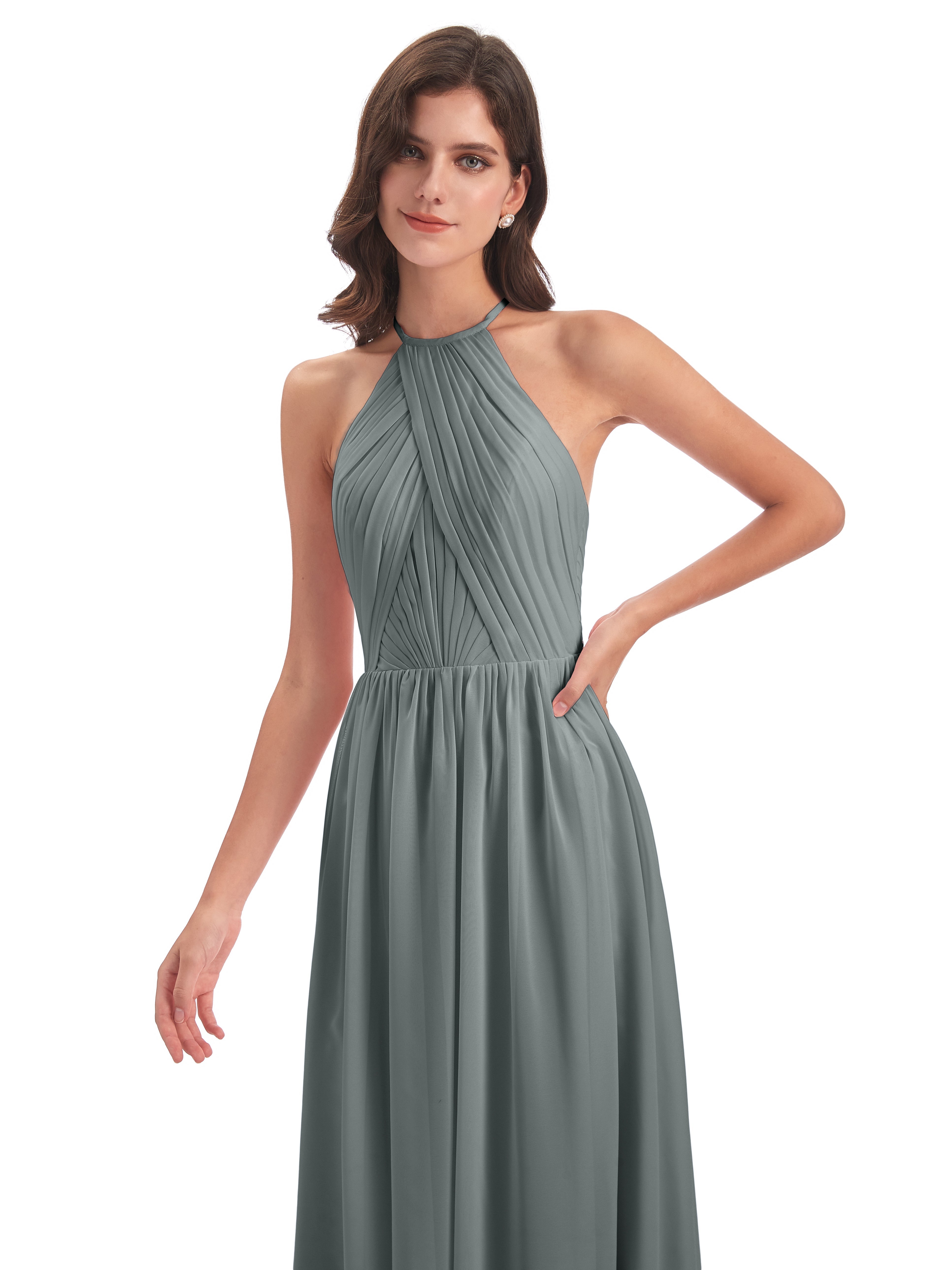 Robe Demoiselle D Honneur Gris Argenté Dos Ouvert Licou Mousseline Robes Demoiselle D'Honneur