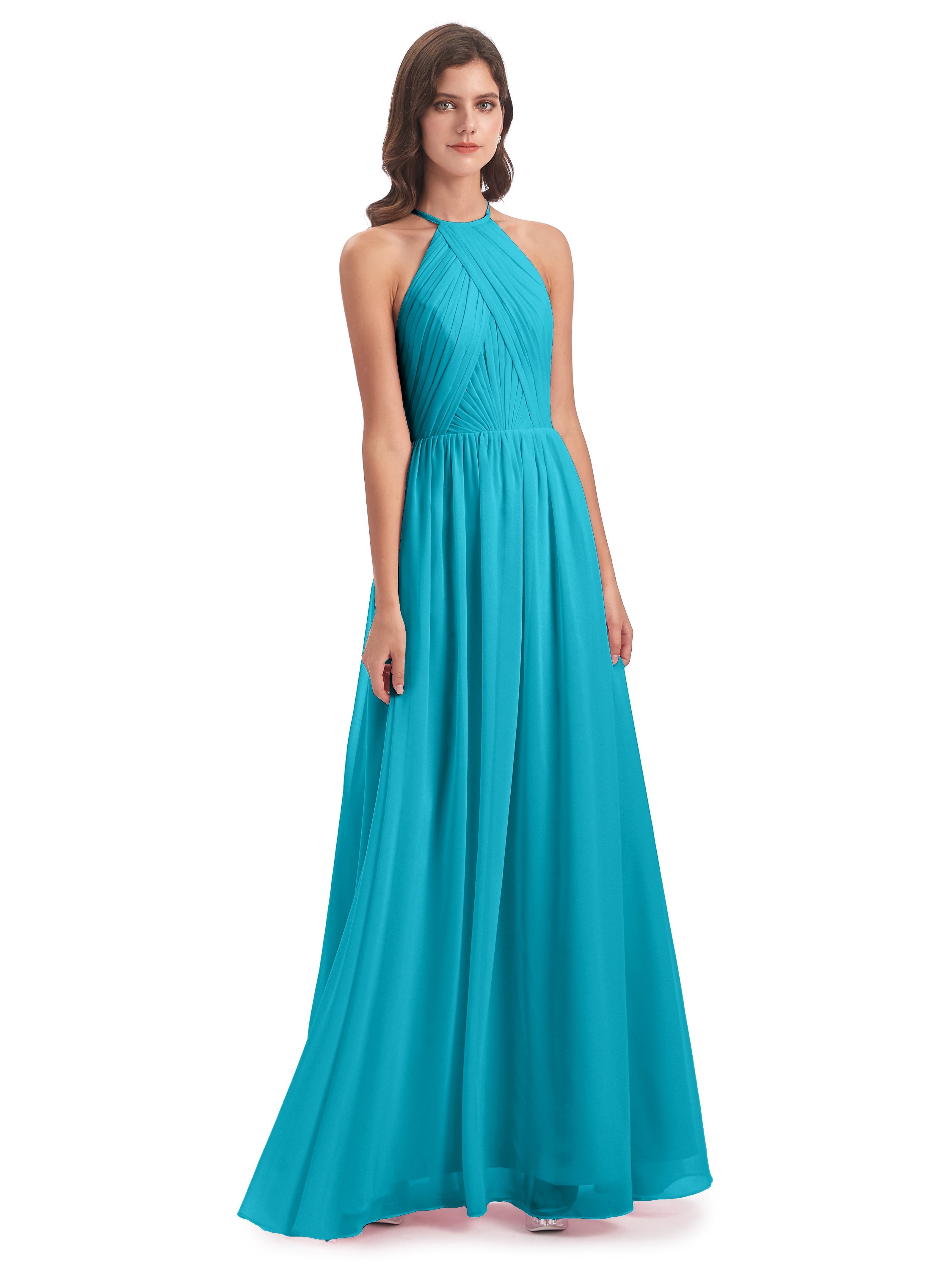 Robes De Demoiselle D'Honneur Vert Jade Dos Ouvert Licou Mousseline Robes Demoiselle D'Honneur