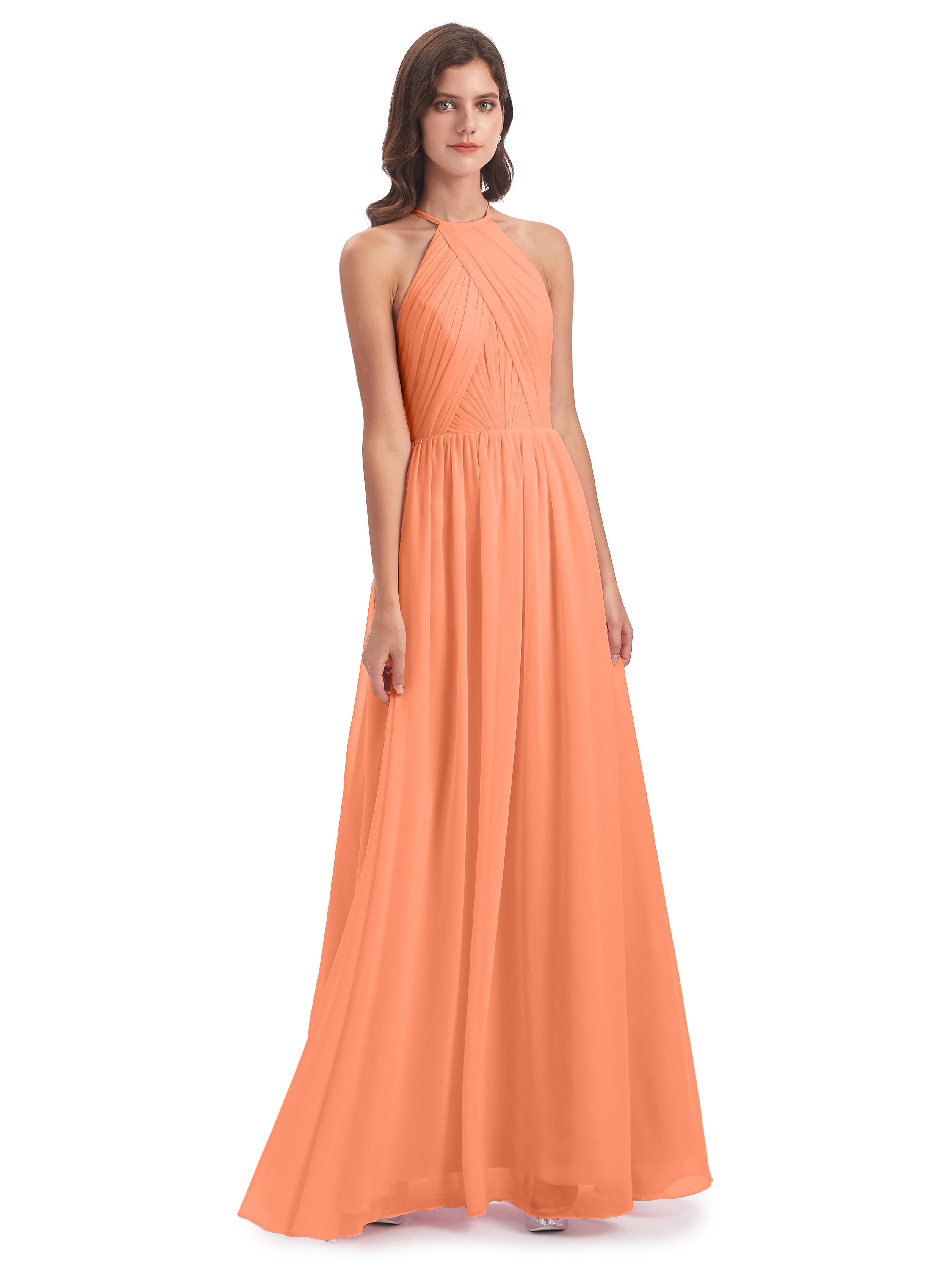 Robes De Demoiselle D'Honneur Papaye Dos Ouvert Licou Mousseline Robes Demoiselle D'Honneur