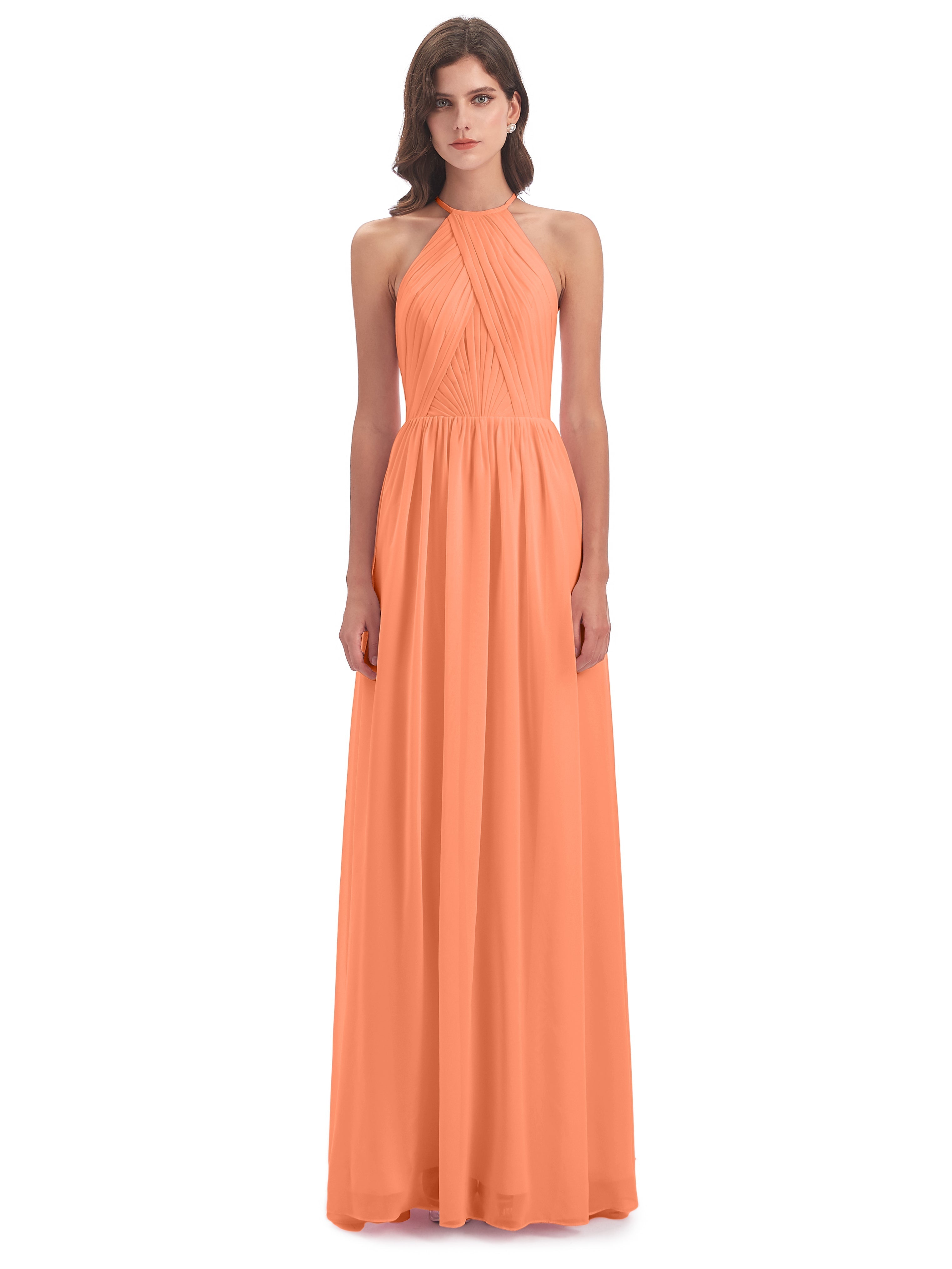 Robes De Demoiselle D'Honneur Papaye Dos Ouvert Licou Mousseline Robes Demoiselle D'Honneur