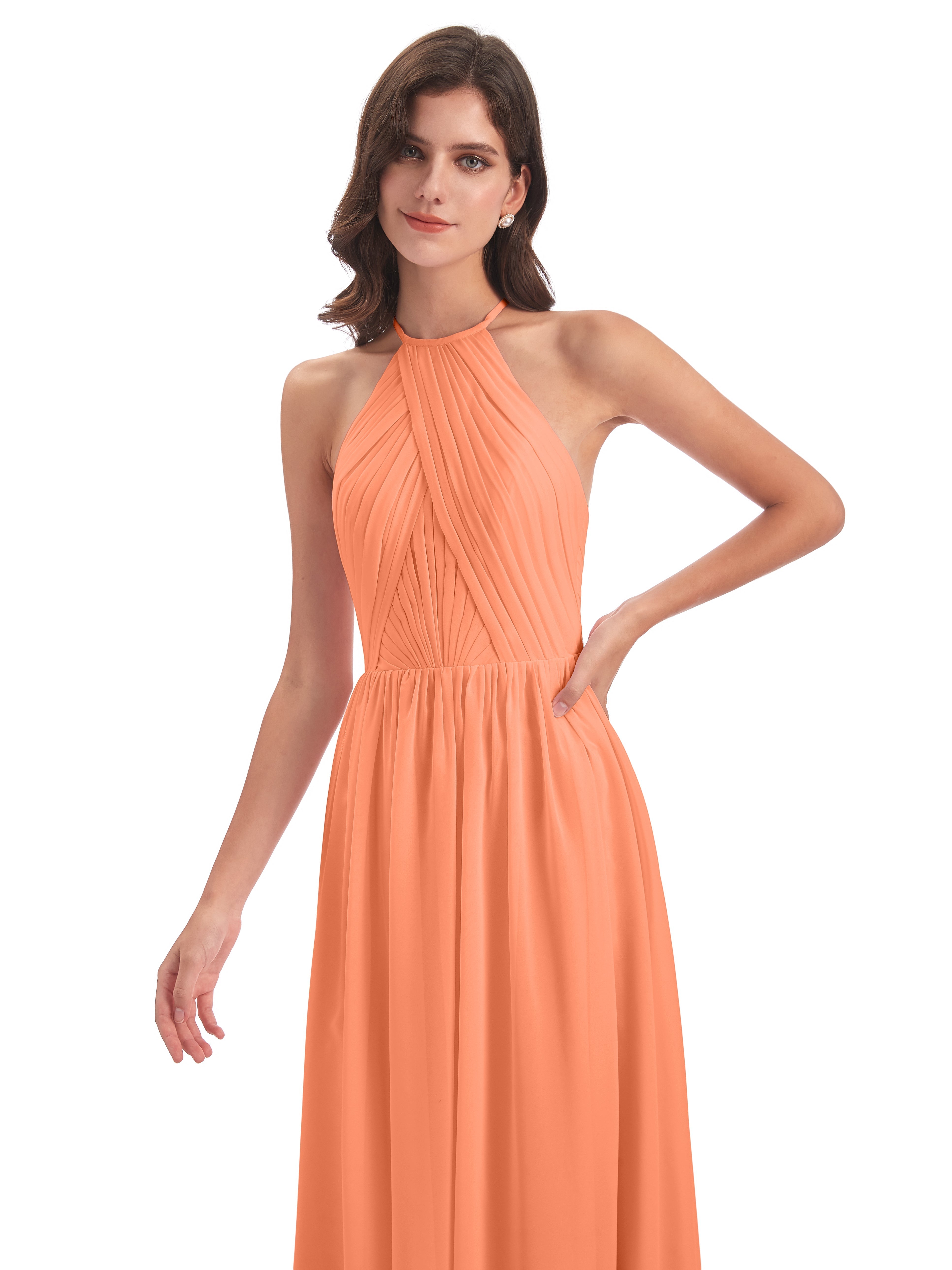Robes De Demoiselle D'Honneur Papaye Dos Ouvert Licou Mousseline Robes Demoiselle D'Honneur