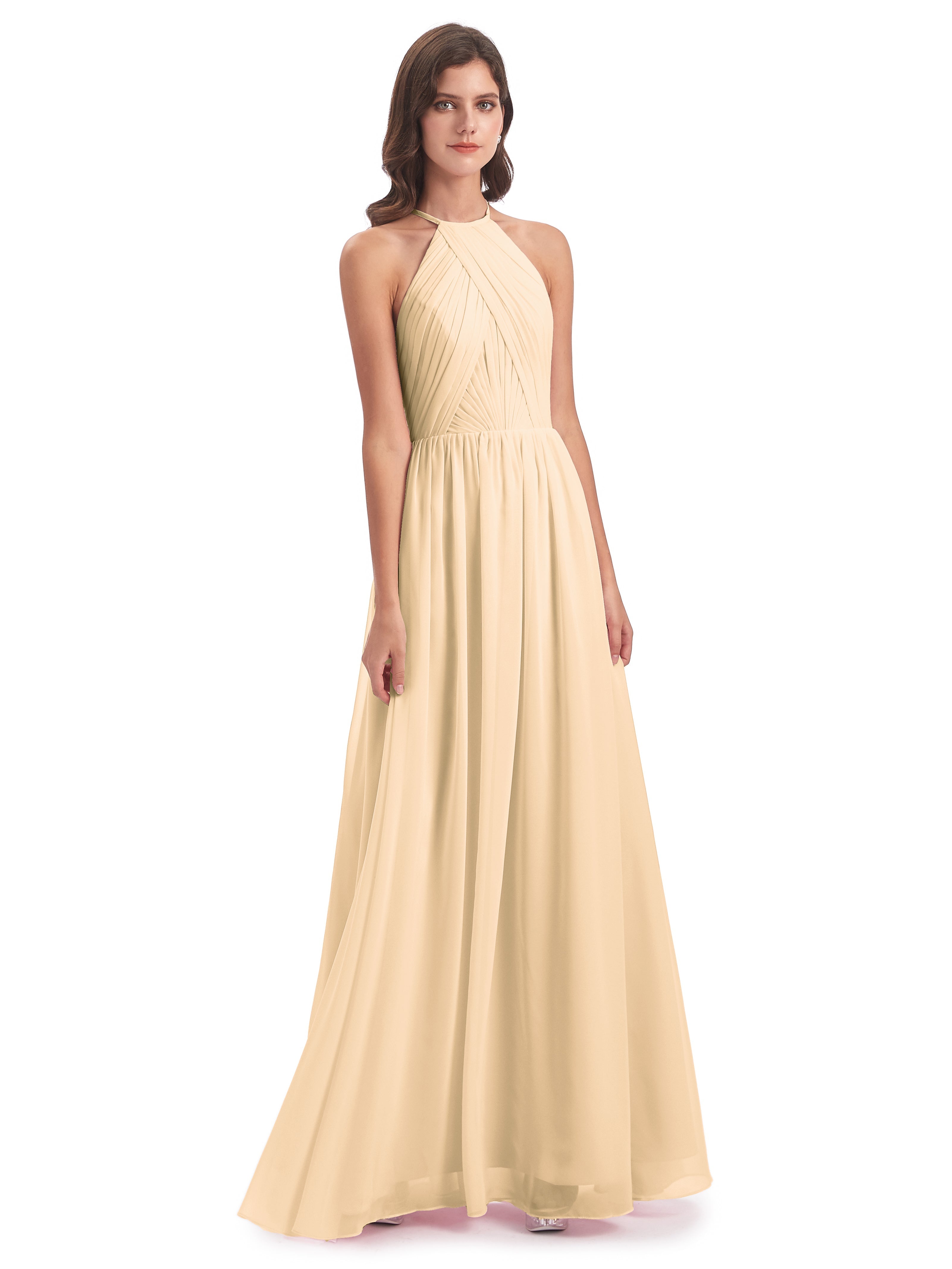 Robe Peche Demoiselle D Honneur Dos Ouvert Licou Mousseline Robes Demoiselle D'Honneur