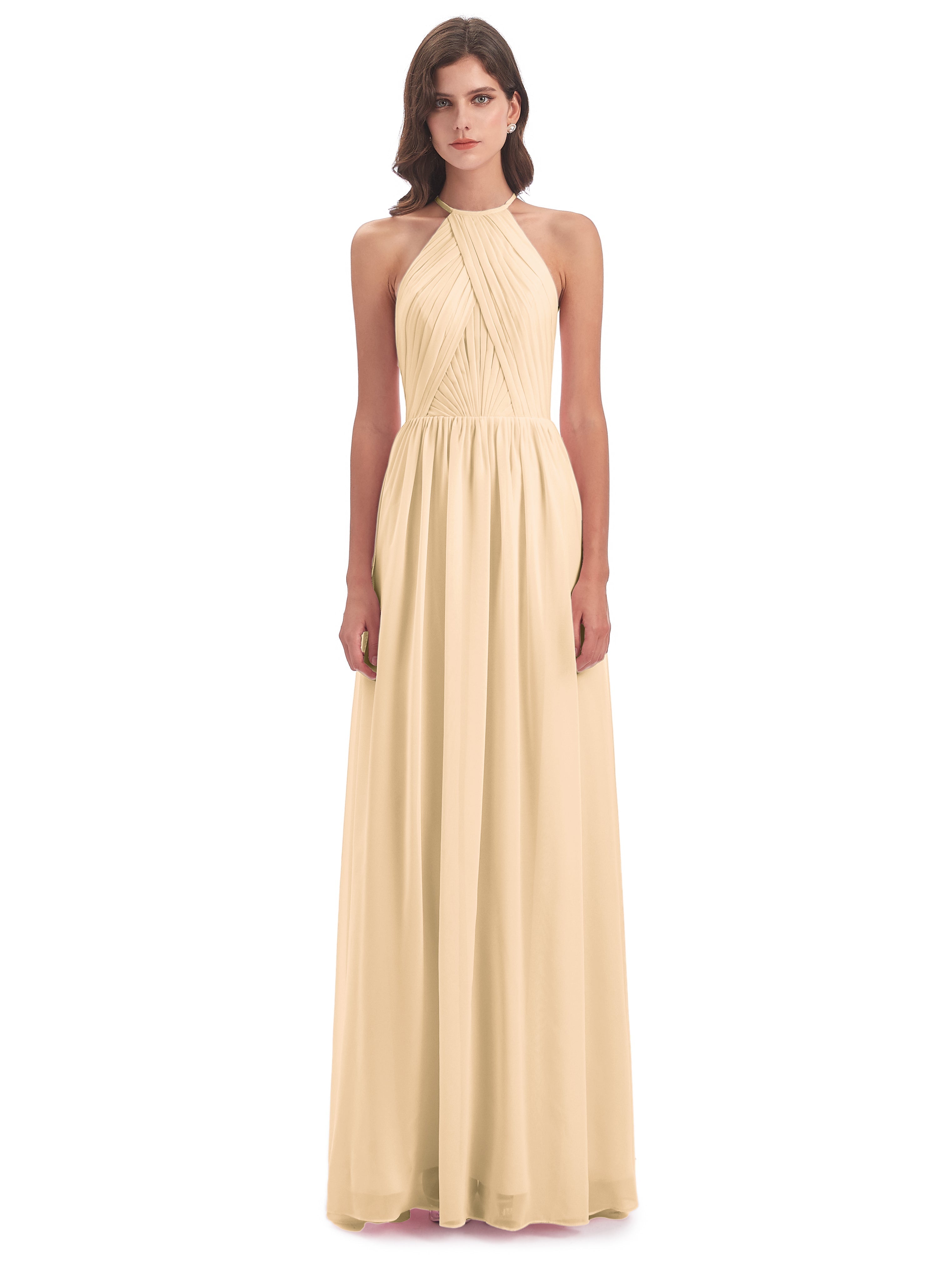 Robe Peche Demoiselle D Honneur Dos Ouvert Licou Mousseline Robes Demoiselle D'Honneur