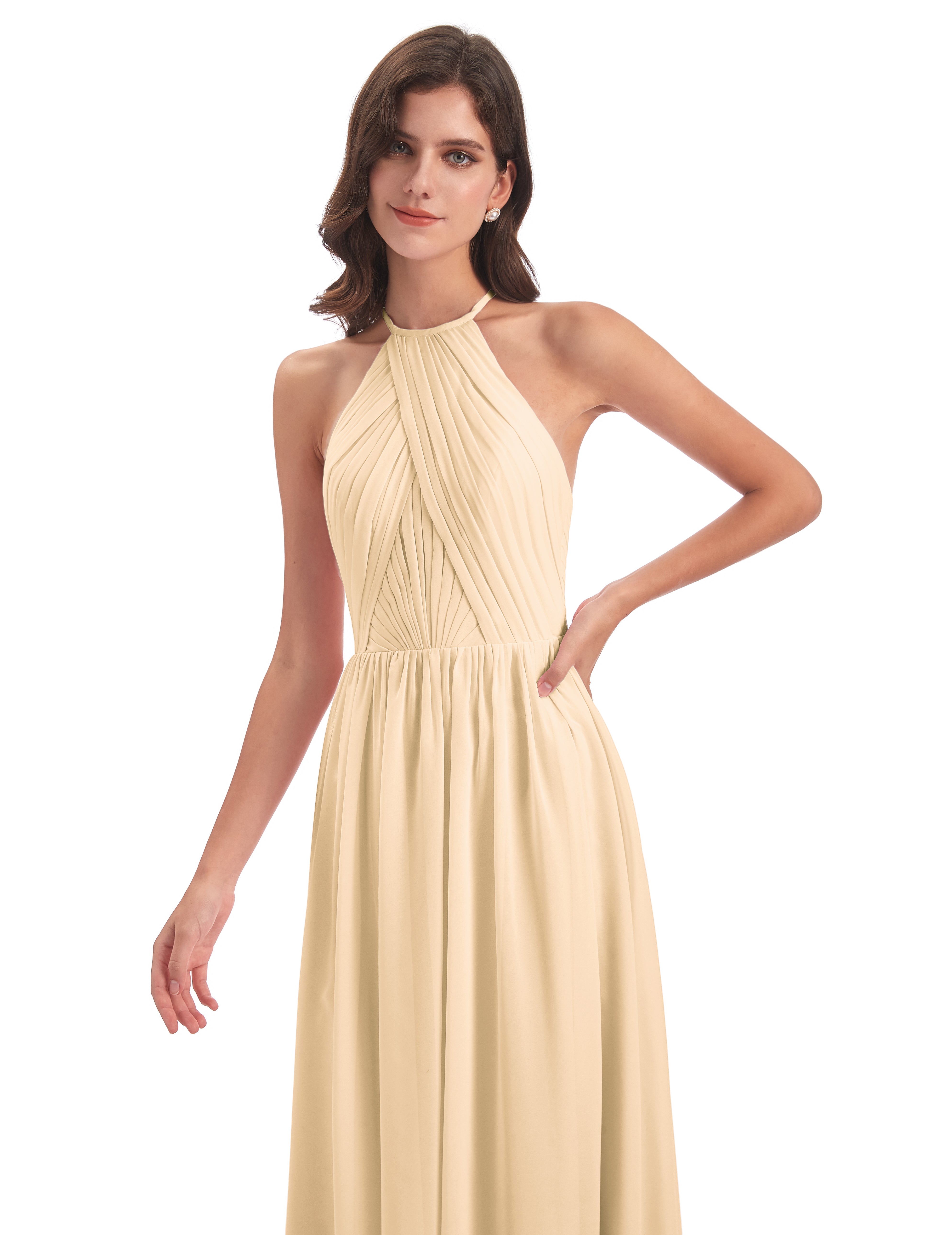 Robe Peche Demoiselle D Honneur Dos Ouvert Licou Mousseline Robes Demoiselle D'Honneur