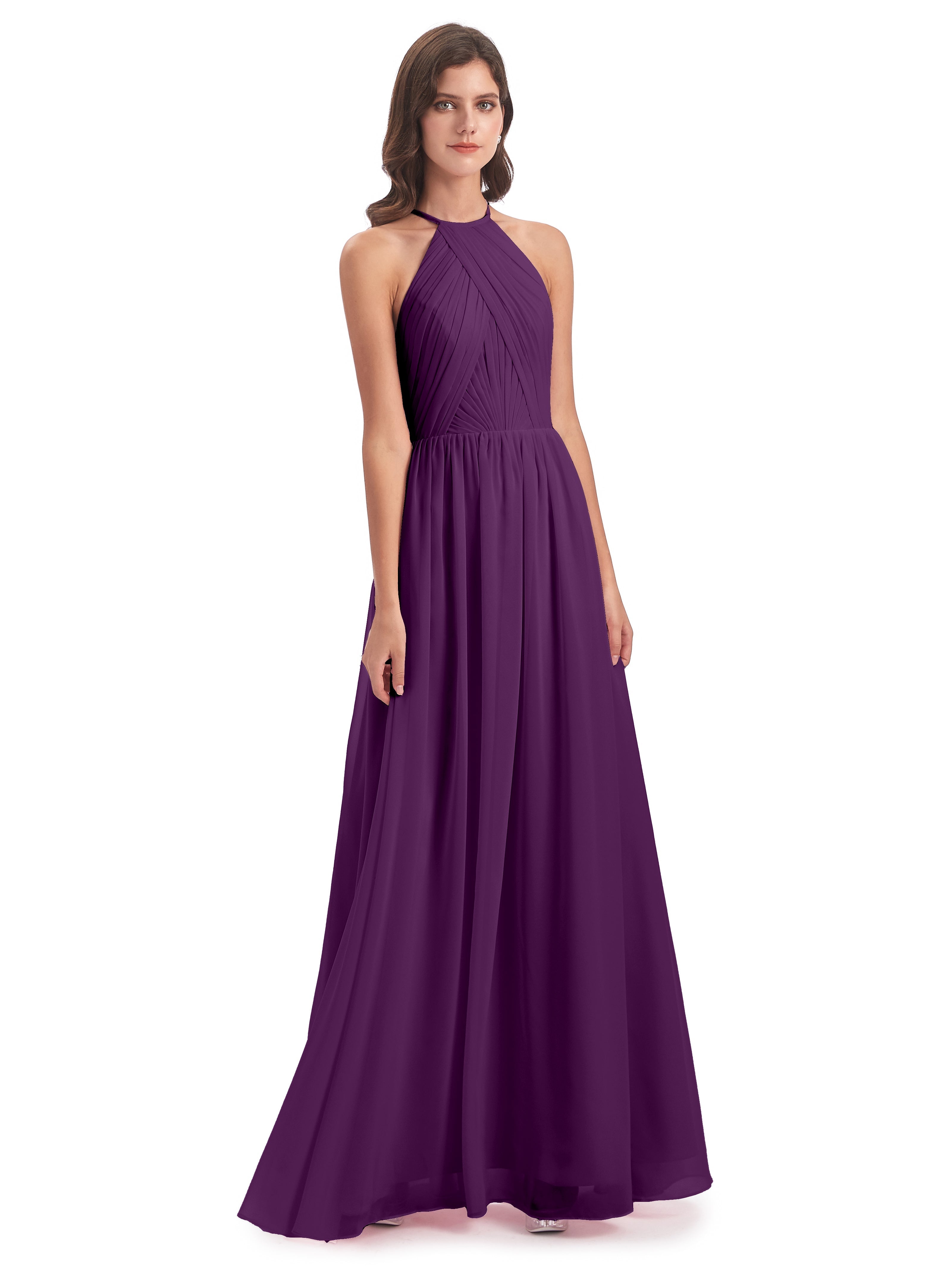 Robes De Demoiselle D'Honneur En Raisin Dos Ouvert Licou Mousseline Robes Demoiselle D'Honneur