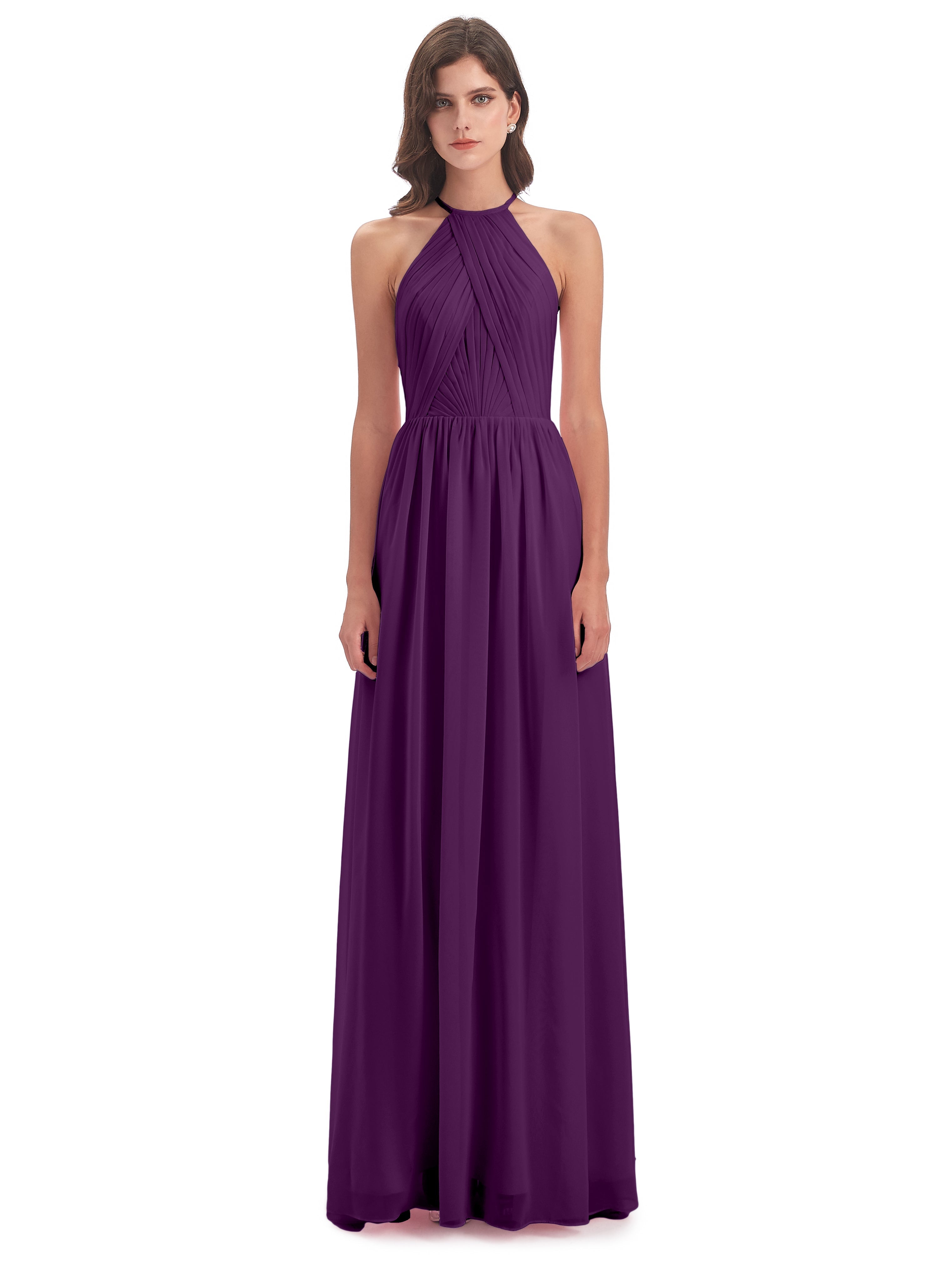 Robes De Demoiselle D'Honneur En Raisin Dos Ouvert Licou Mousseline Robes Demoiselle D'Honneur