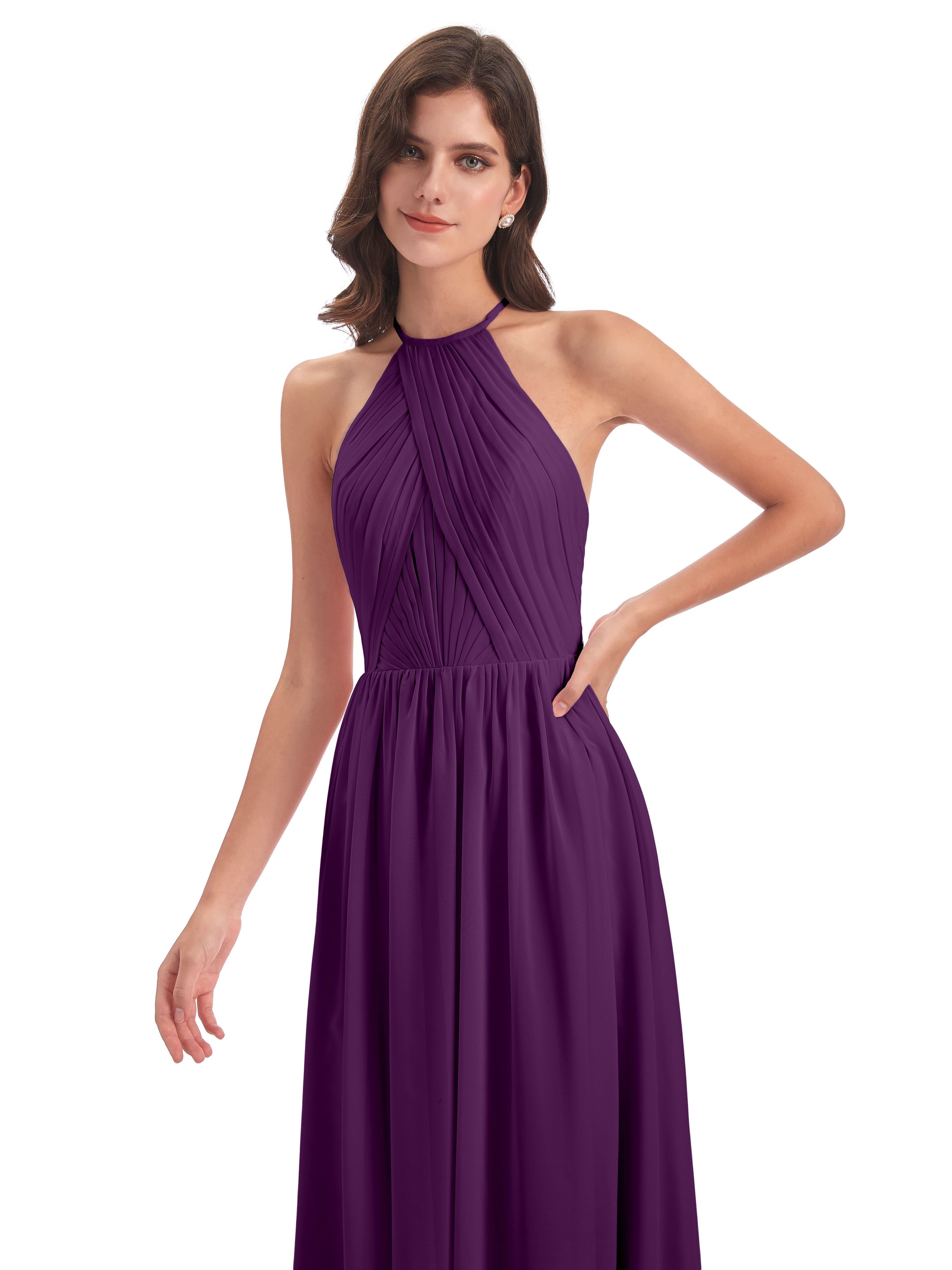 Robes De Demoiselle D'Honneur En Raisin Dos Ouvert Licou Mousseline Robes Demoiselle D'Honneur