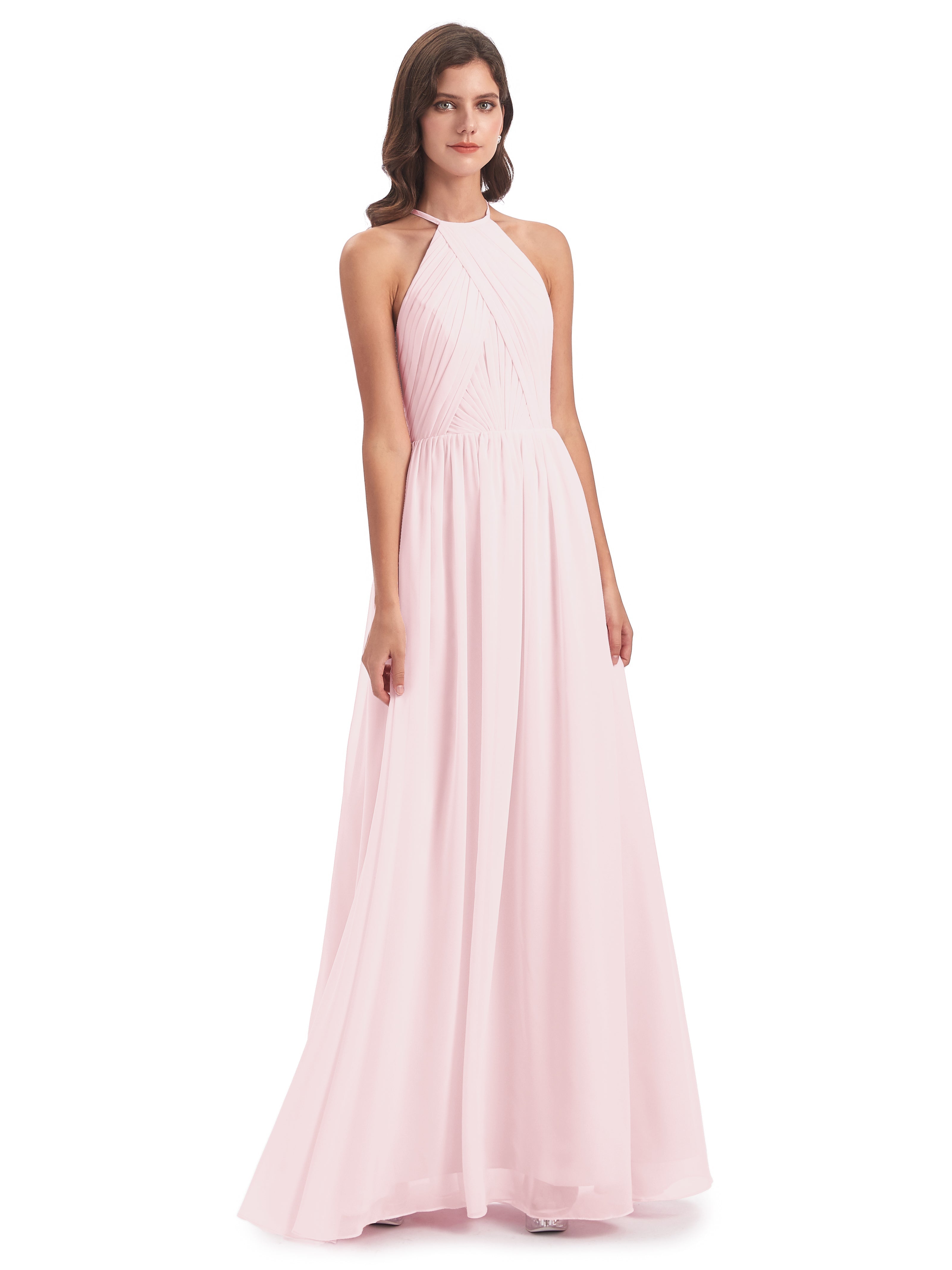 Robes De Demoiselle D'Honneur Rose Pale Dos Ouvert Licou Mousseline Robes Demoiselle D'Honneur
