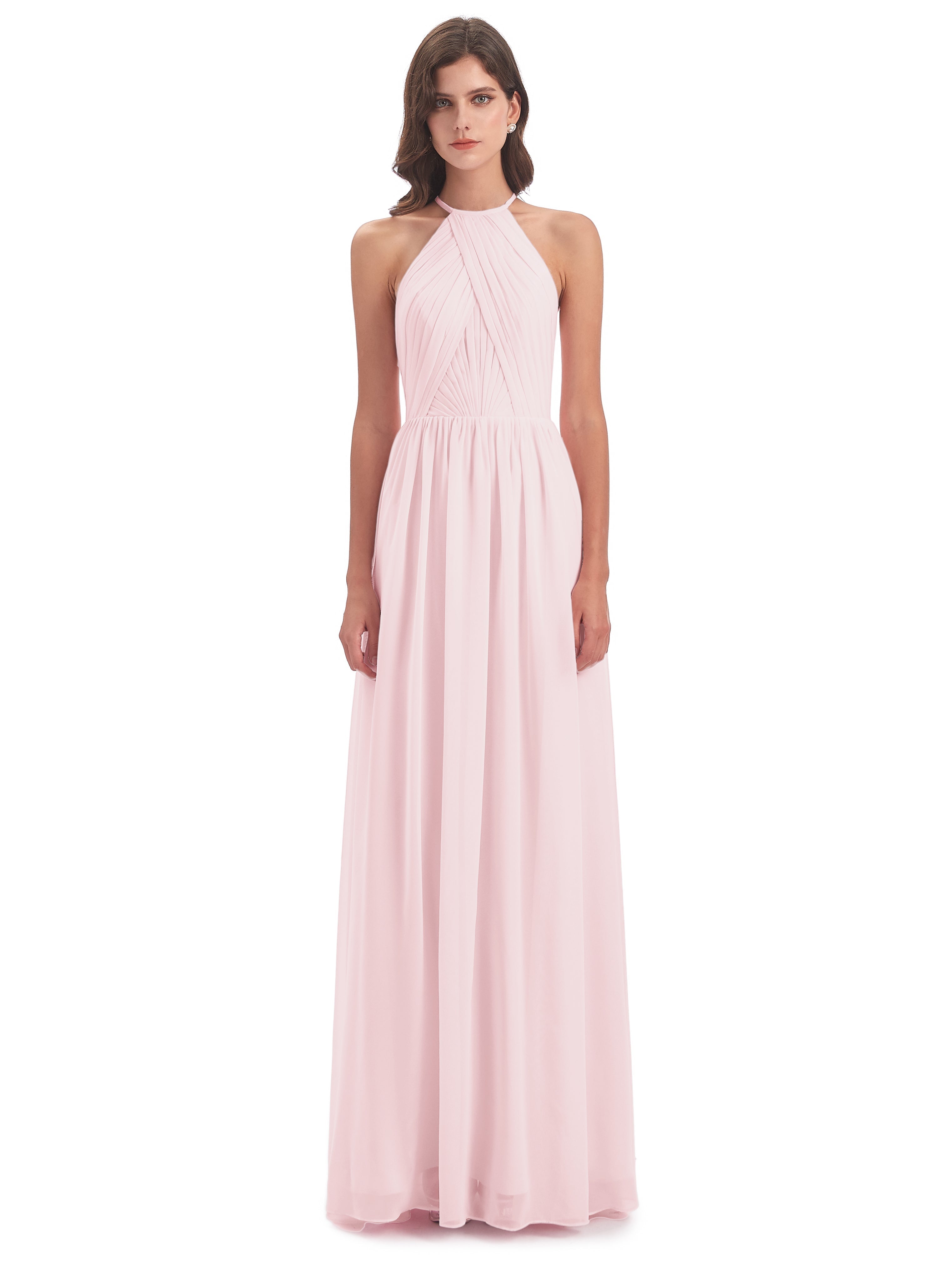 Robes De Demoiselle D'Honneur Rose Pale Dos Ouvert Licou Mousseline Robes Demoiselle D'Honneur