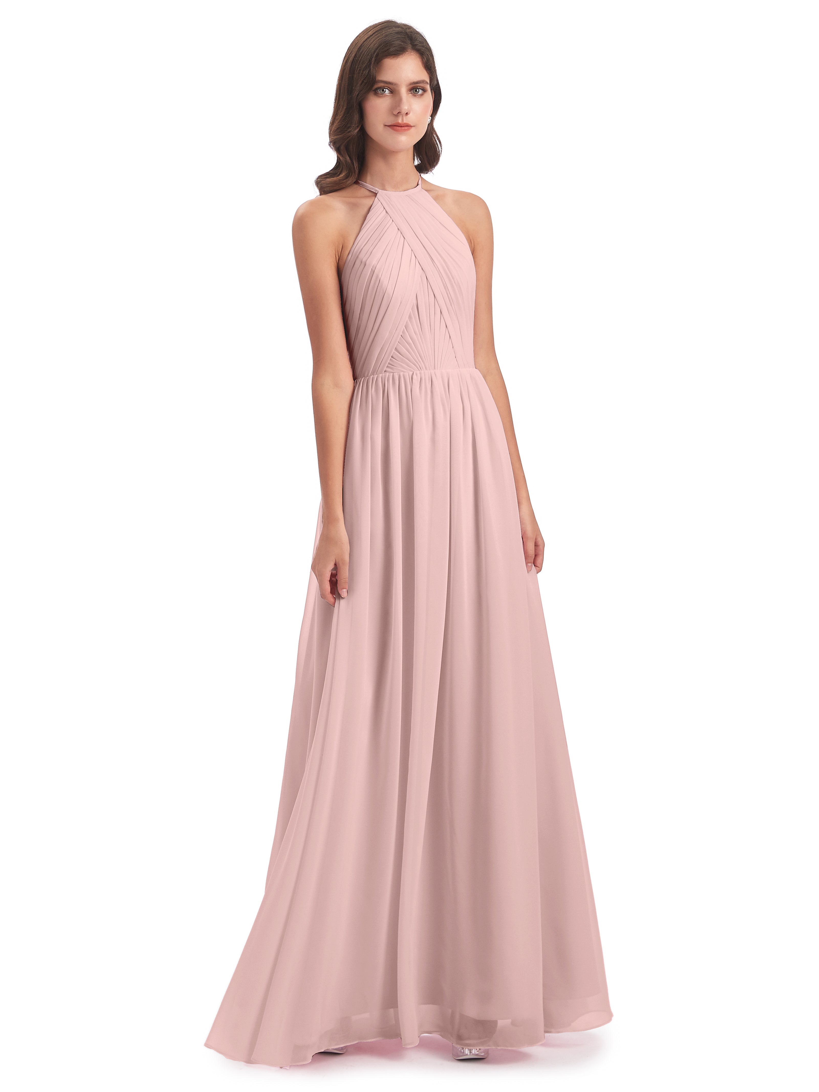 Robe Rose Poudrée Demoiselle D Honneur Dos Ouvert Licou Mousseline Robes Demoiselle D'Honneur