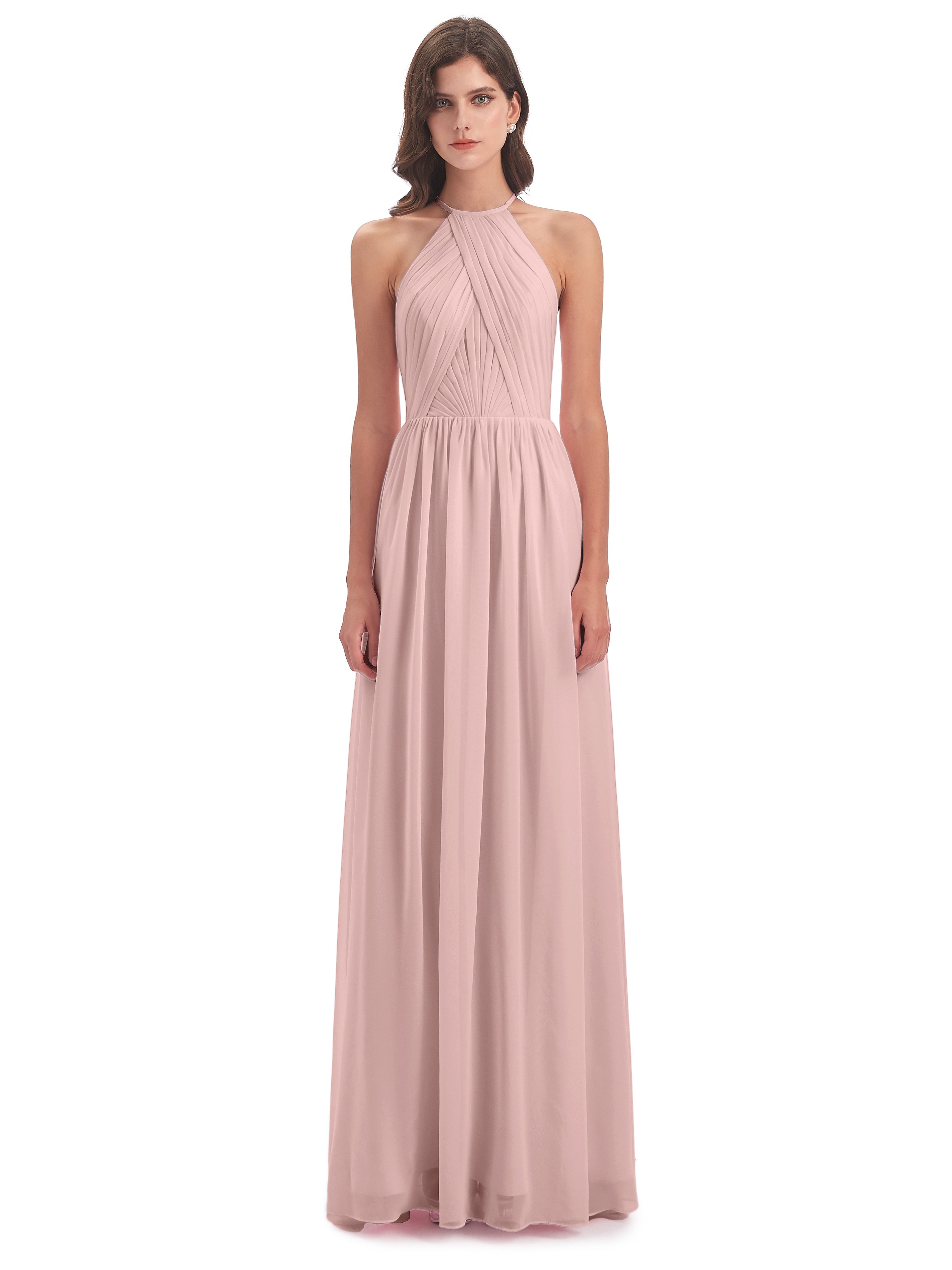 Robe Rose Poudrée Demoiselle D Honneur Dos Ouvert Licou Mousseline Robes Demoiselle D'Honneur