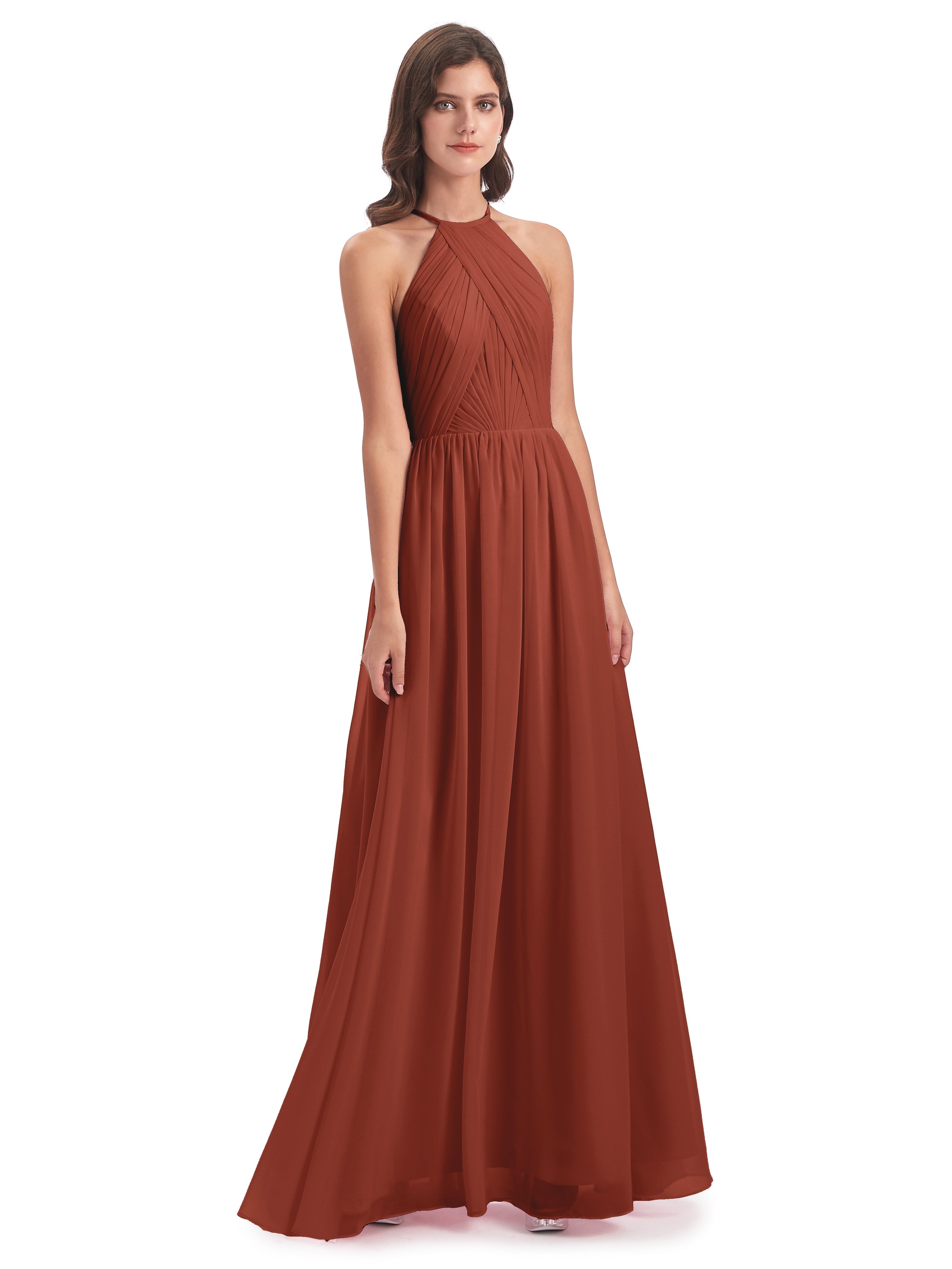 Robe De Demoiselle D'Honneur Rouille Dos Ouvert Licou Mousseline Robes Demoiselle D'Honneur