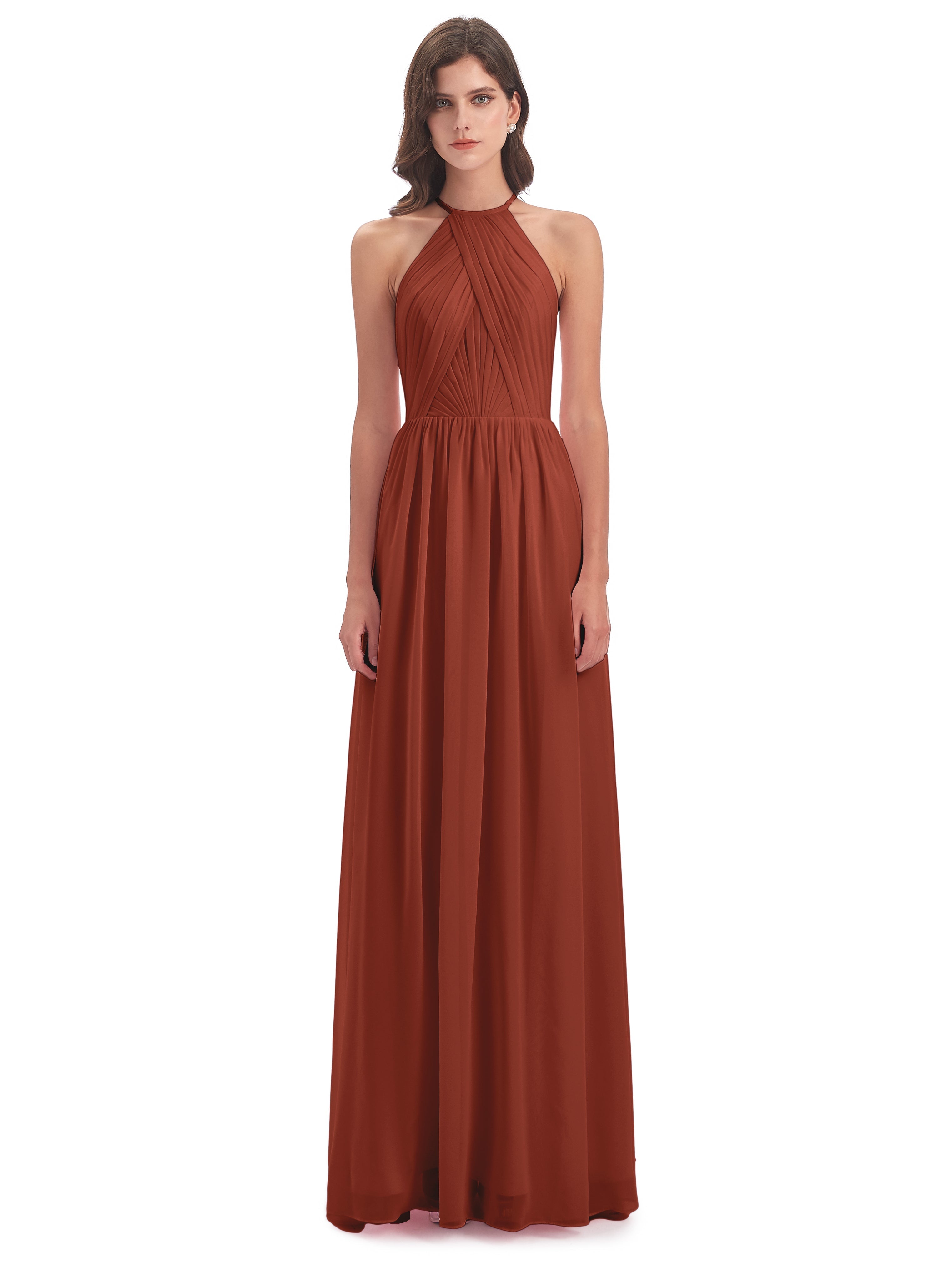 Robe De Demoiselle D'Honneur Rouille Dos Ouvert Licou Mousseline Robes Demoiselle D'Honneur