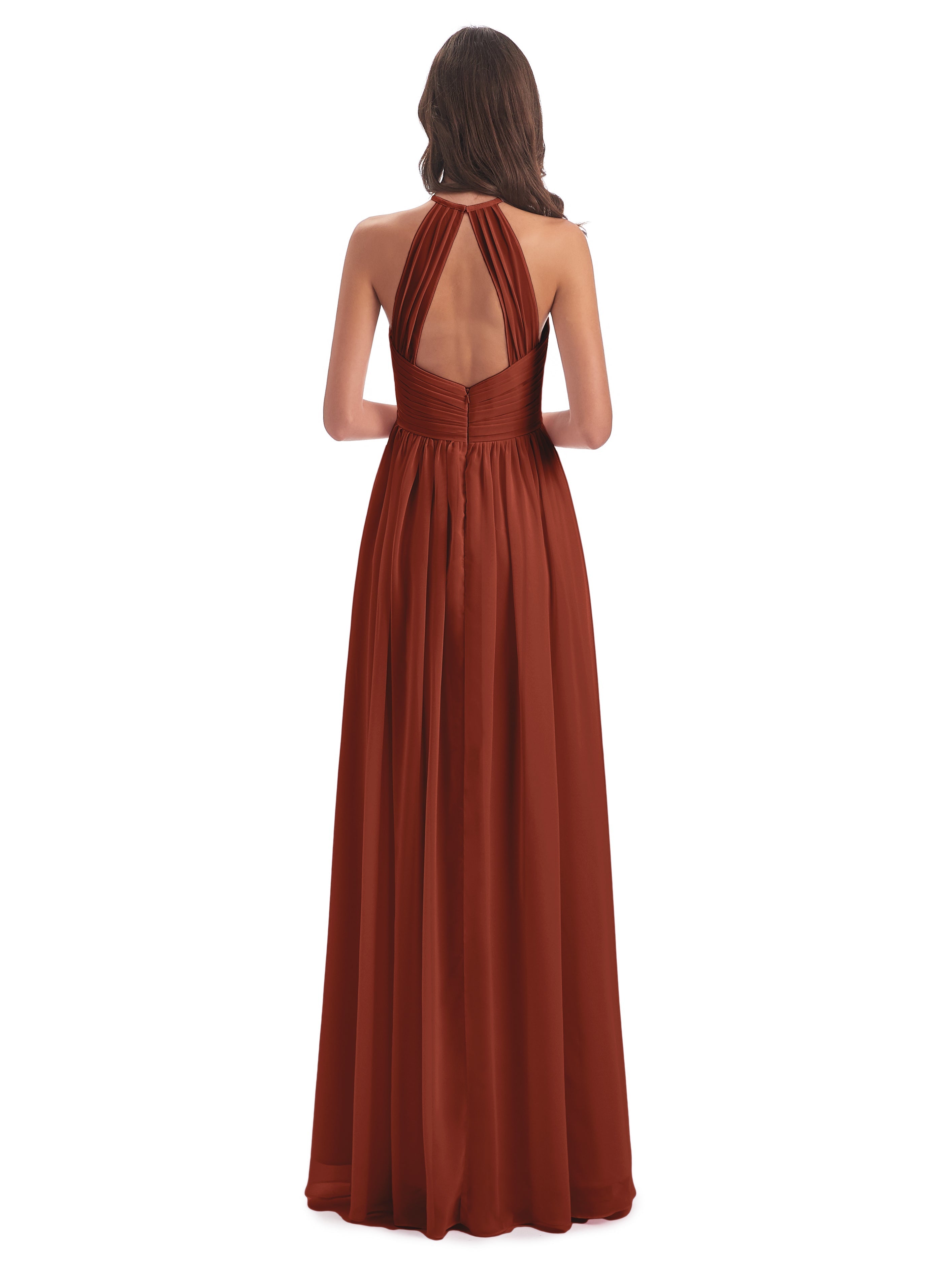 Robe De Demoiselle D'Honneur Rouille Dos Ouvert Licou Mousseline Robes Demoiselle D'Honneur
