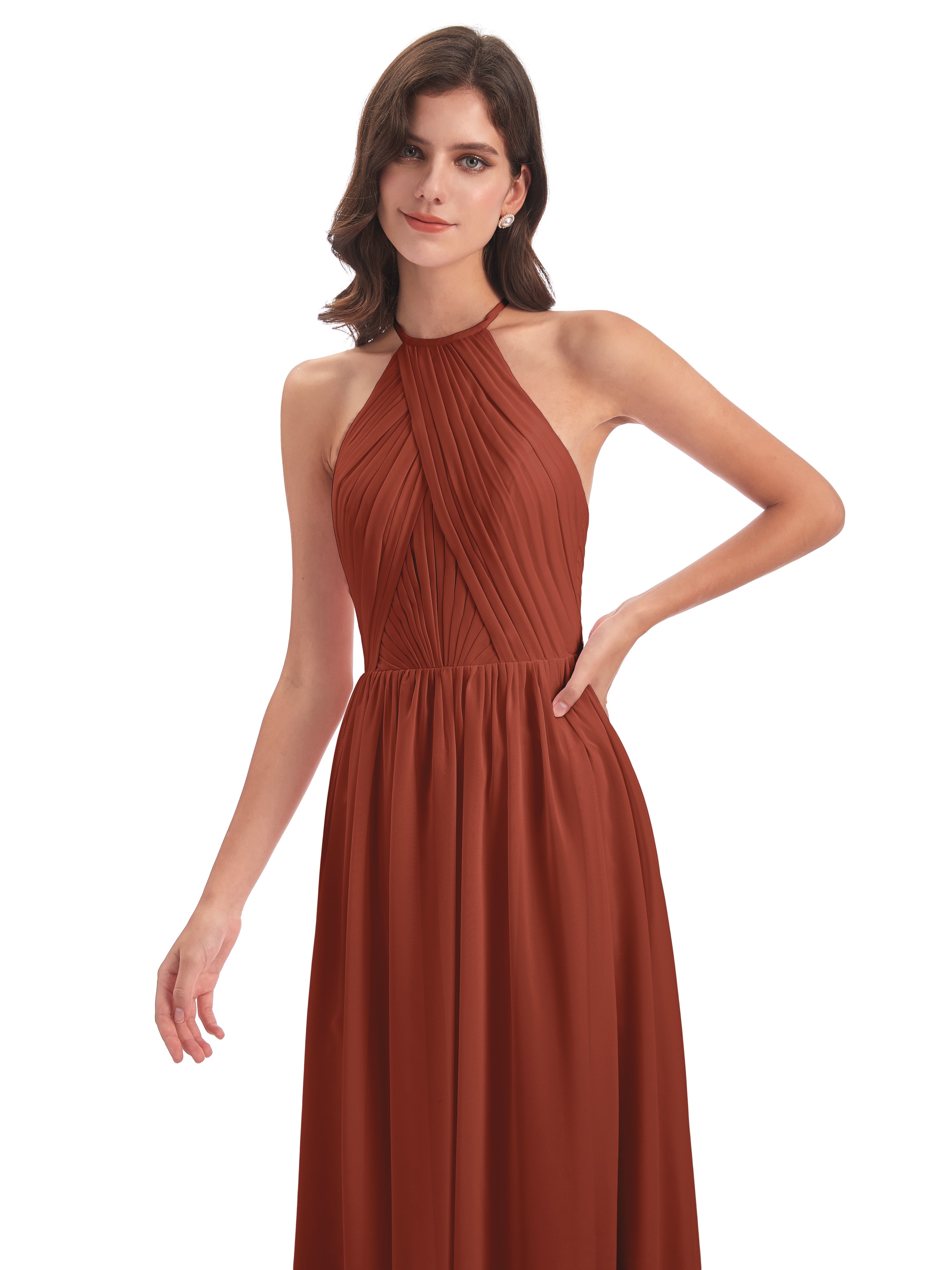 Robe De Demoiselle D'Honneur Rouille Dos Ouvert Licou Mousseline Robes Demoiselle D'Honneur