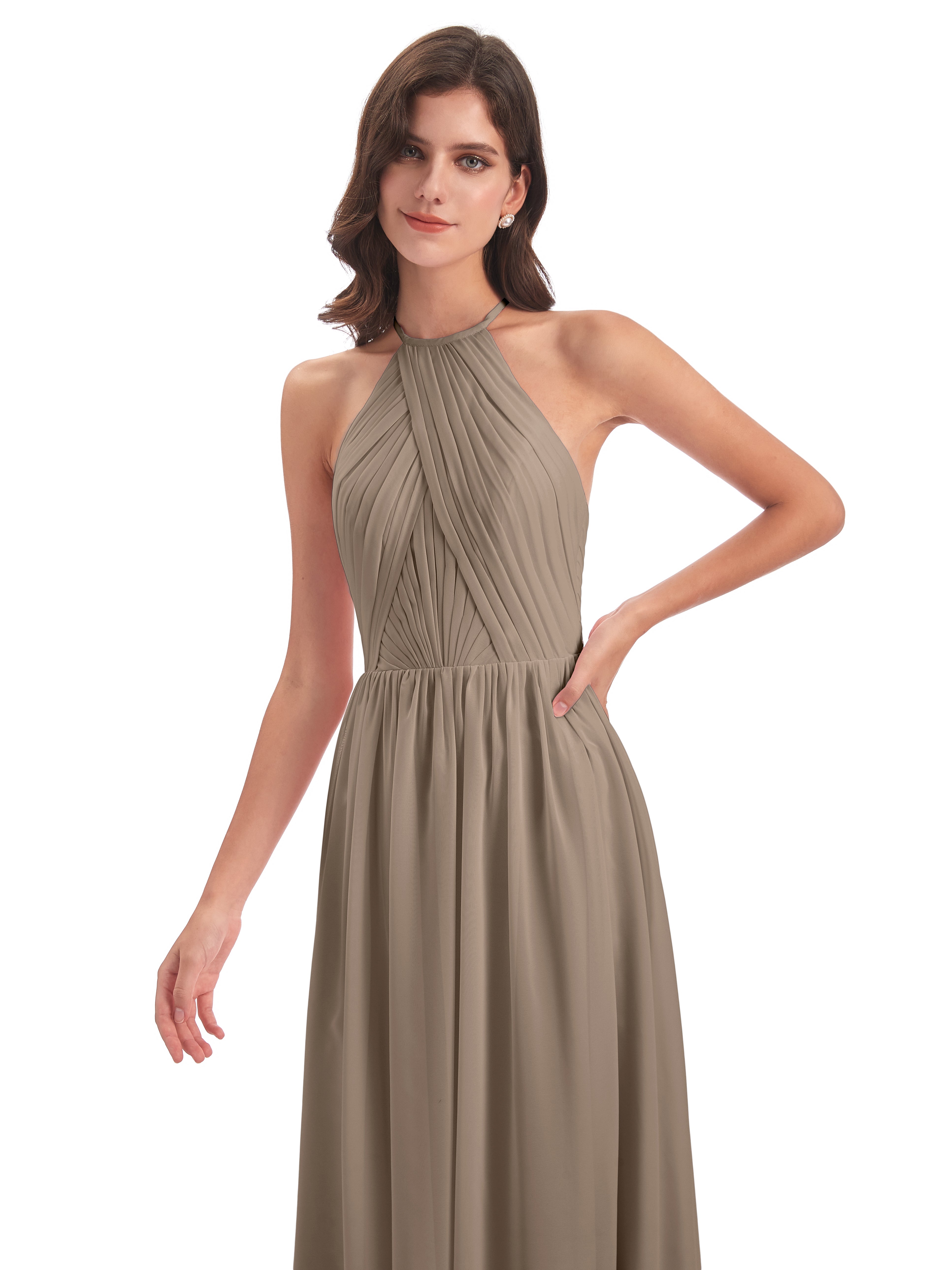 Robe Demoiselle D Honneur Taupe Dos Ouvert Licou Mousseline Robes Demoiselle D'Honneur