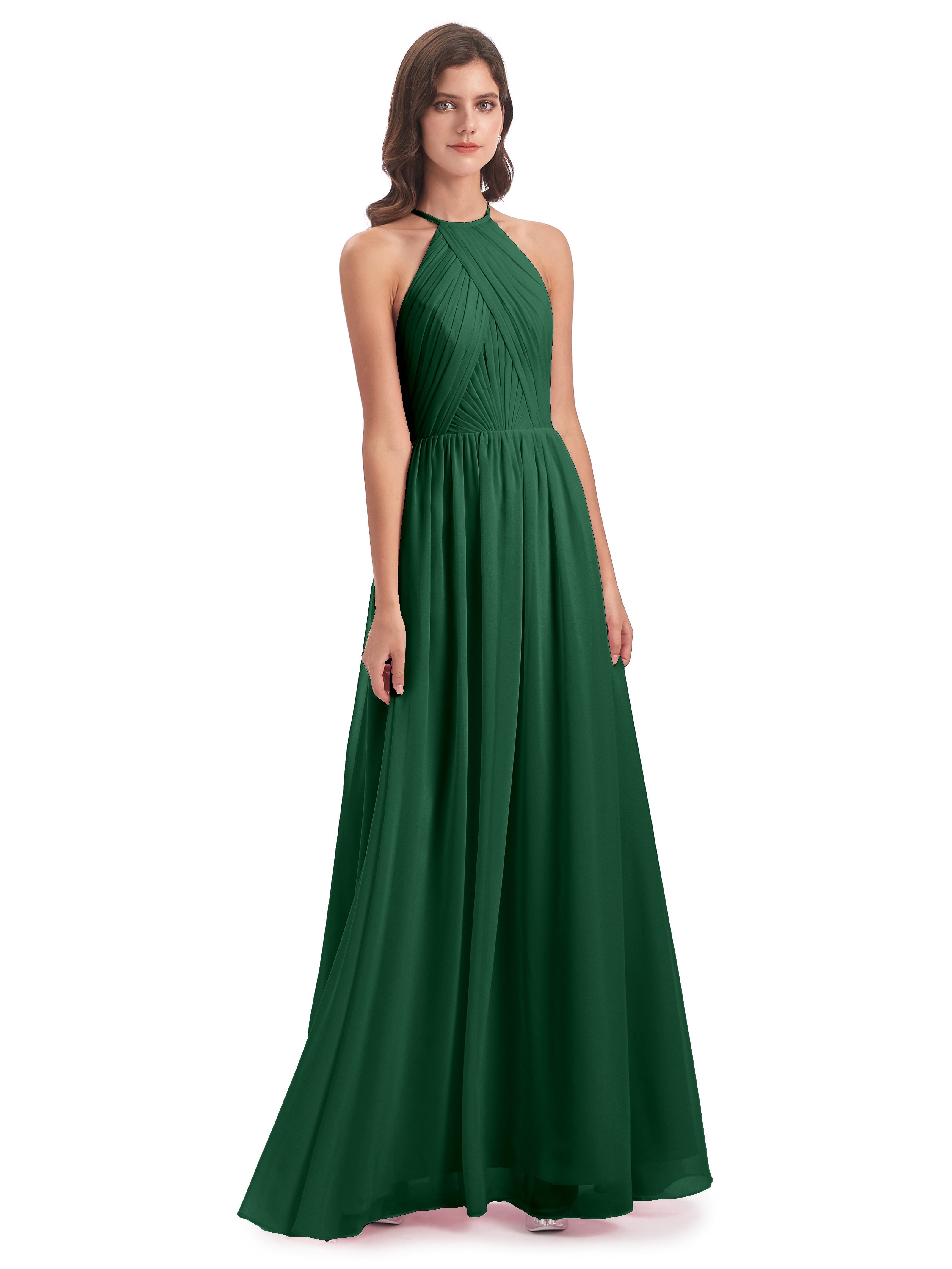 Robes De Demoiselle D'Honneur Vert Foncé Dos Ouvert Licou Mousseline Robes Demoiselle D'Honneur