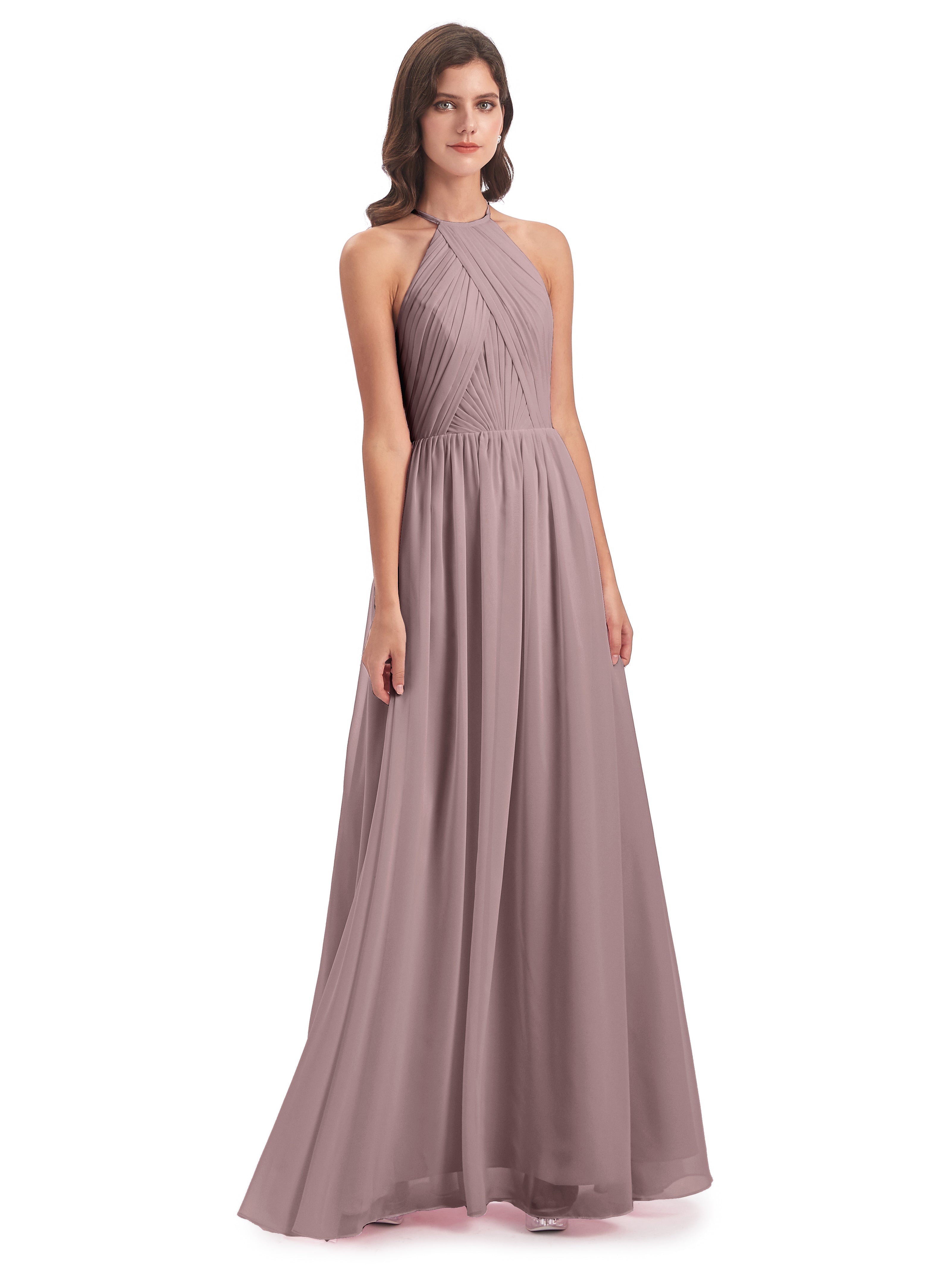 Robes De Demoiselle D'Honneur Mauve Foncé Dos Ouvert Licou Mousseline Robes Demoiselle D'Honneur