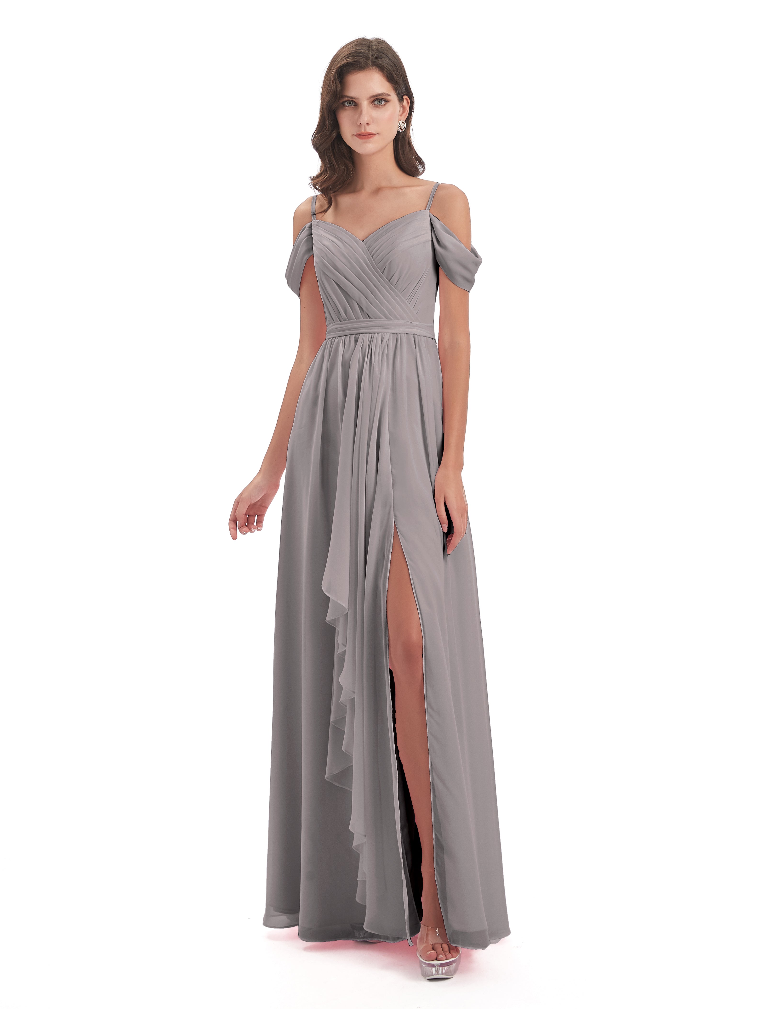 Robes De Demoiselle D'Honneur En Argent Bretelles Spaghetti Fendue Plis Robes Demoiselle D'Honneur