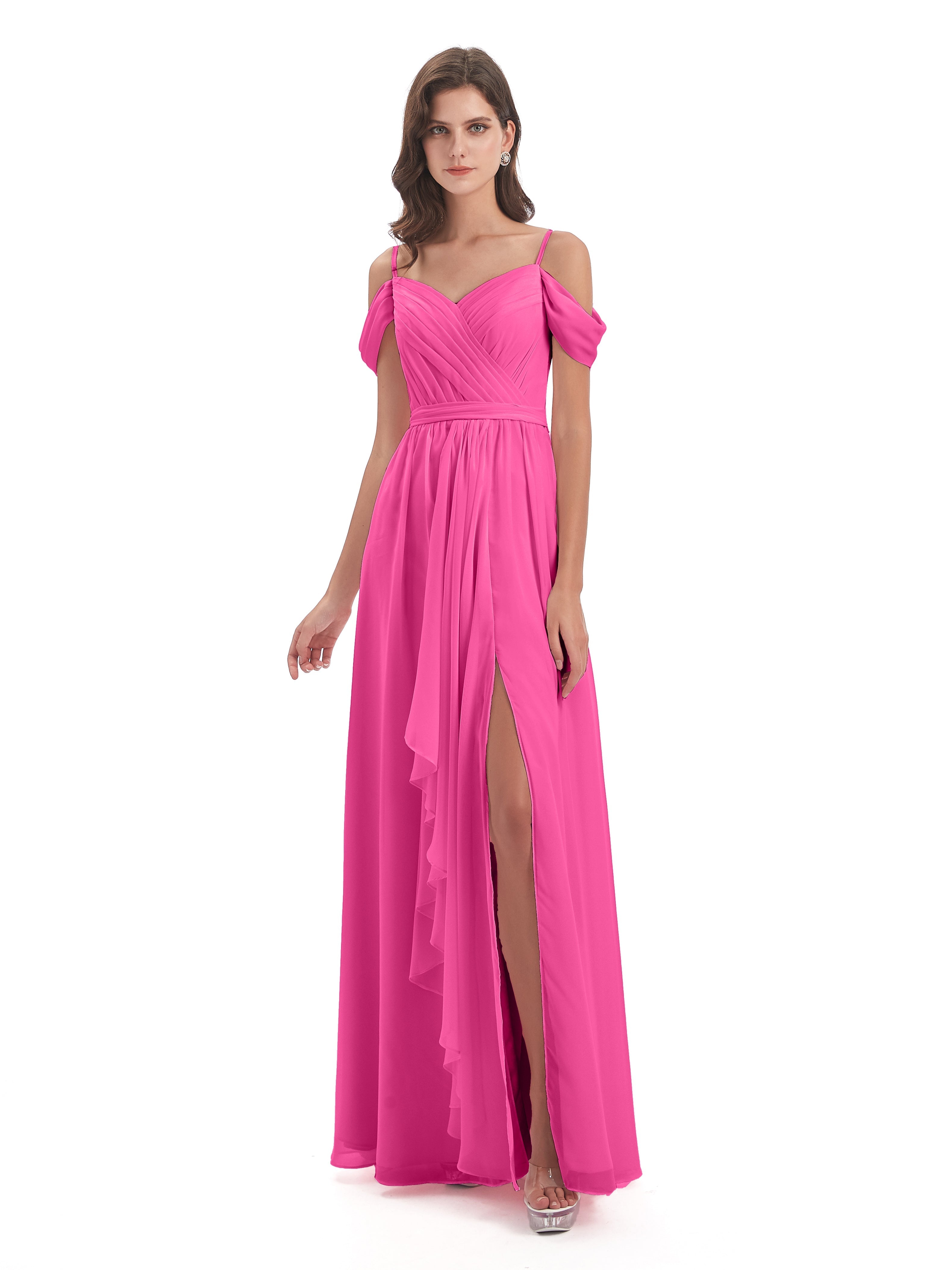 Robe Demoiselle D Honneur En Azalée Bretelles Spaghetti Fendue Plis Robes Demoiselle D'Honneur
