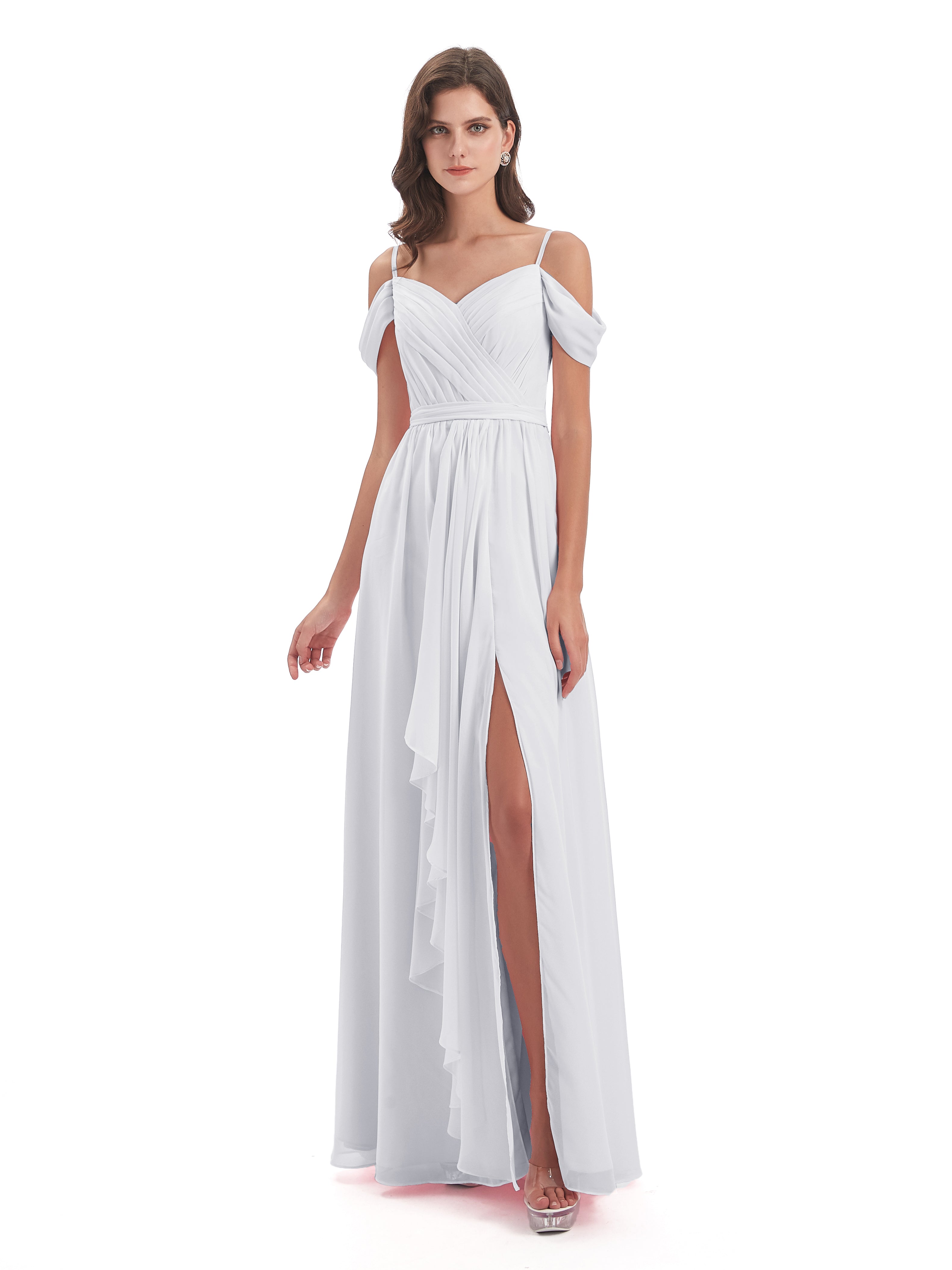 Robe De Demoiselle D Honneur Blanche Bretelles Spaghetti Fendue Plis Robes Demoiselle D'Honneur