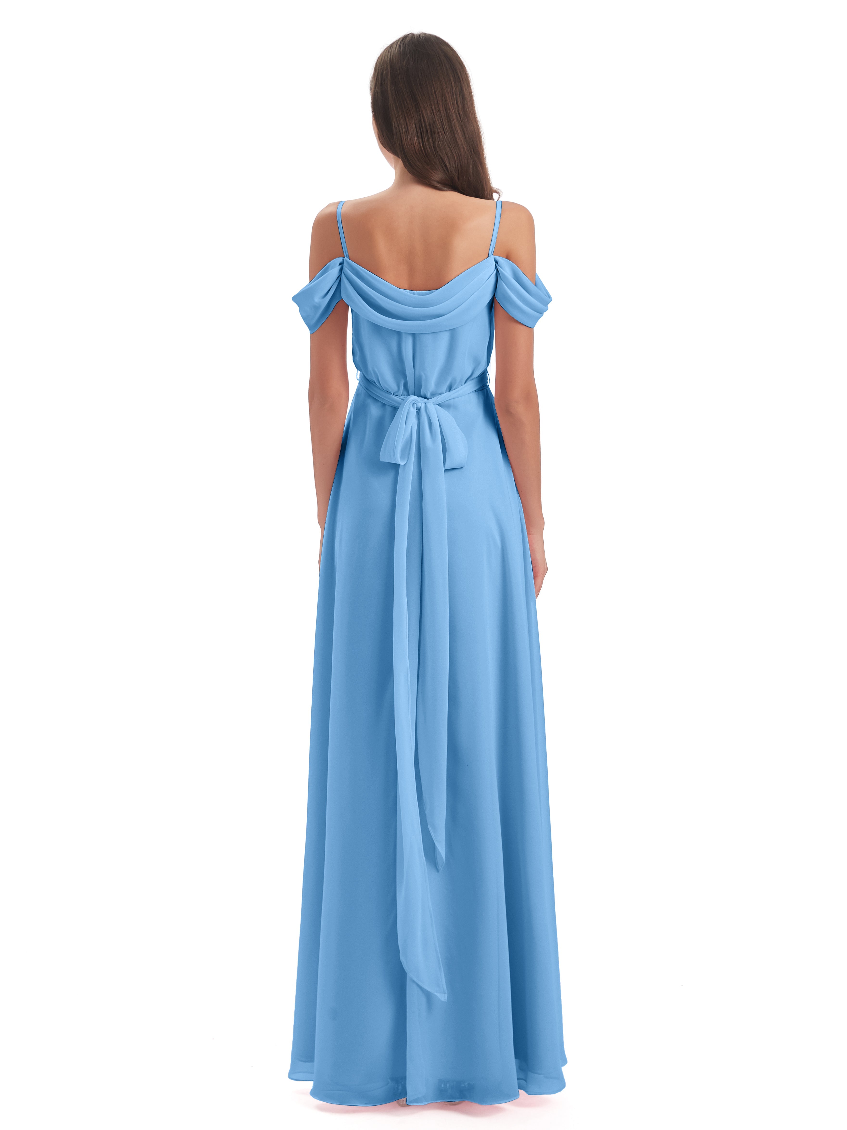 Robes De Demoiselle D'Honneur Bleues Longues Bretelles Spaghetti Fendue Plis Robes Demoiselle D'Honneur