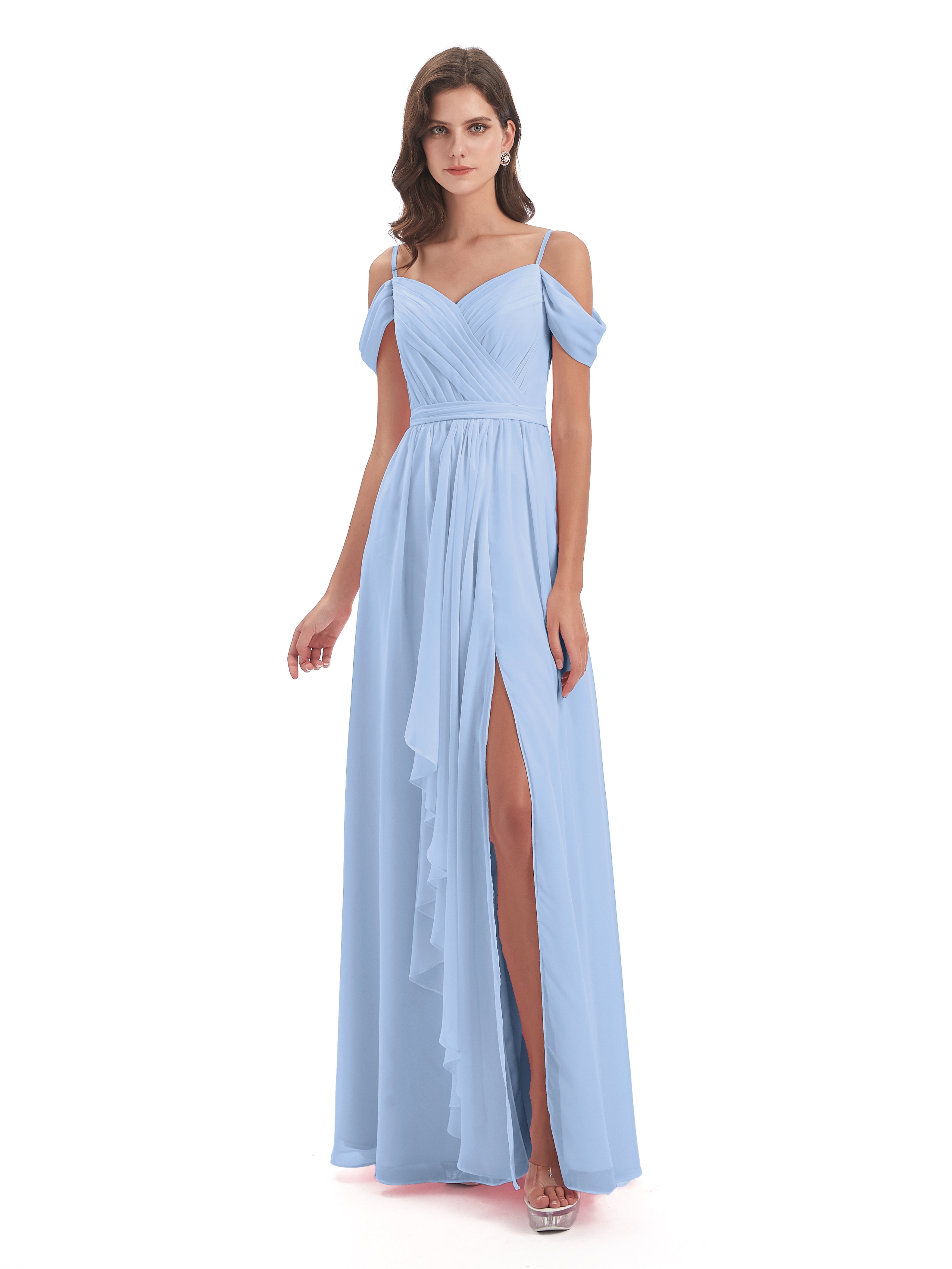 Robe Demoiselle D Honneur Bleue Ciel Bretelles Spaghetti Fendue Plis Robes Demoiselle D'Honneur