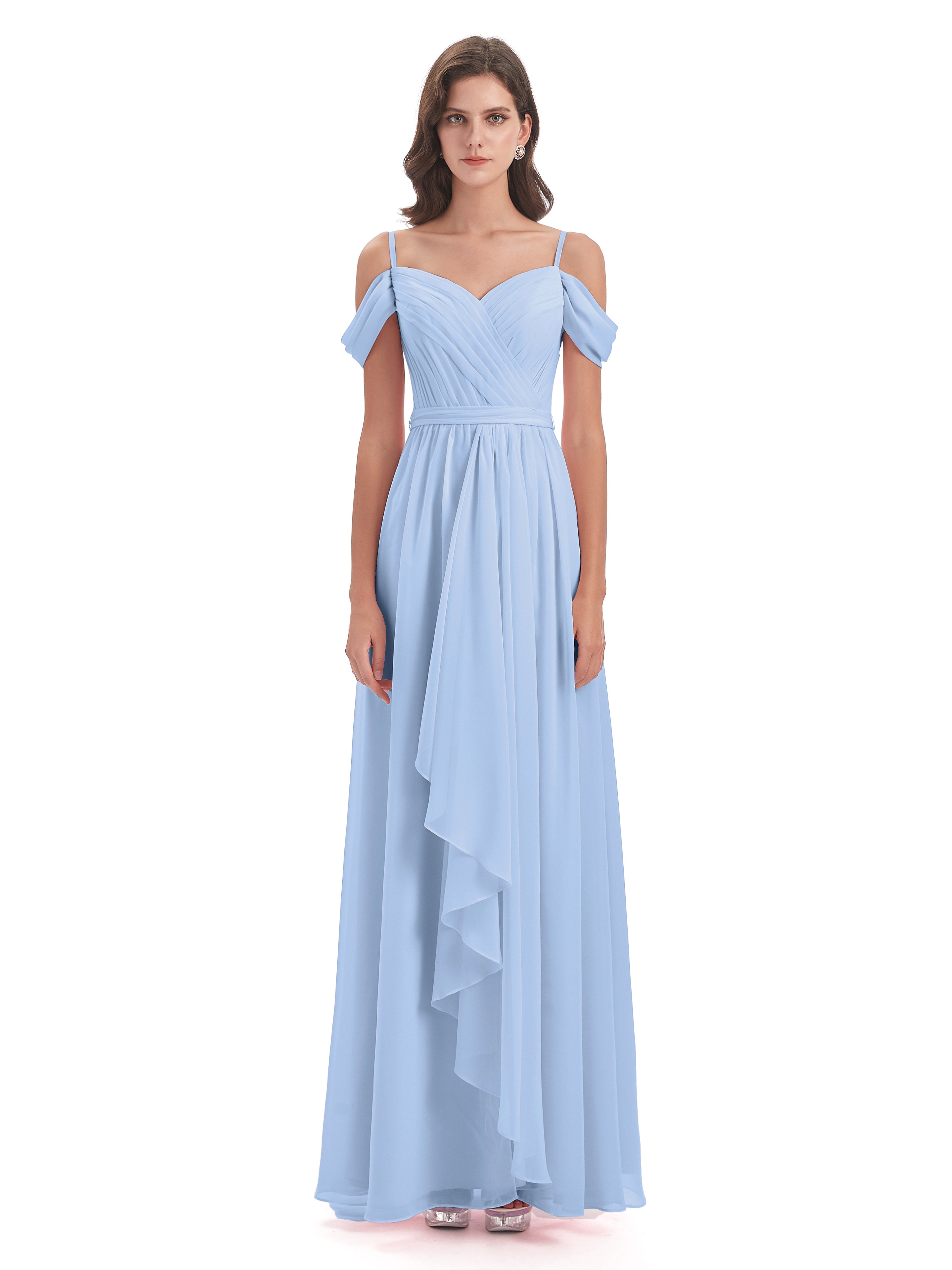 Robe Demoiselle D Honneur Bleue Ciel Bretelles Spaghetti Fendue Plis Robes Demoiselle D'Honneur