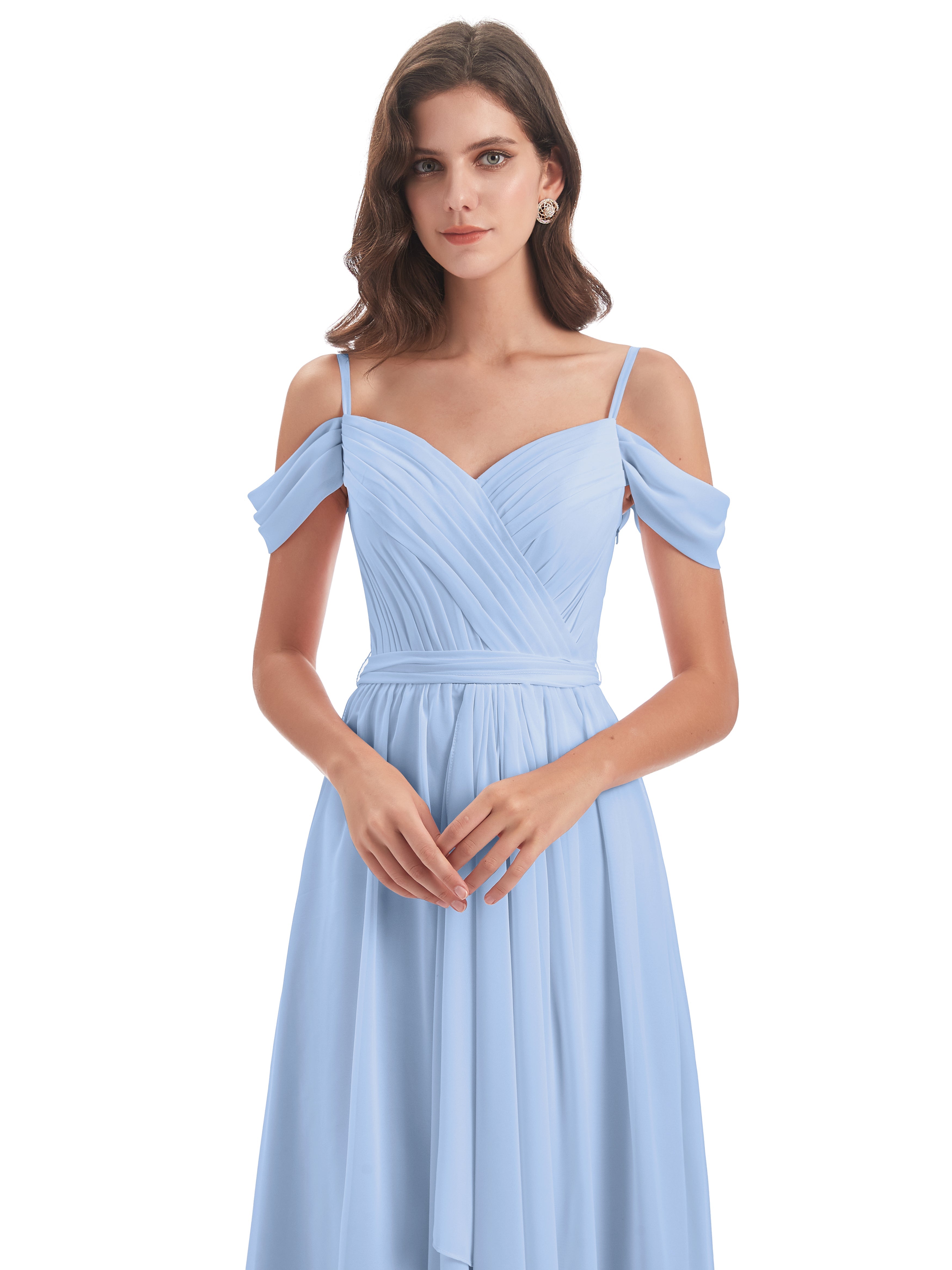 Robe Demoiselle D Honneur Bleue Ciel Bretelles Spaghetti Fendue Plis Robes Demoiselle D'Honneur