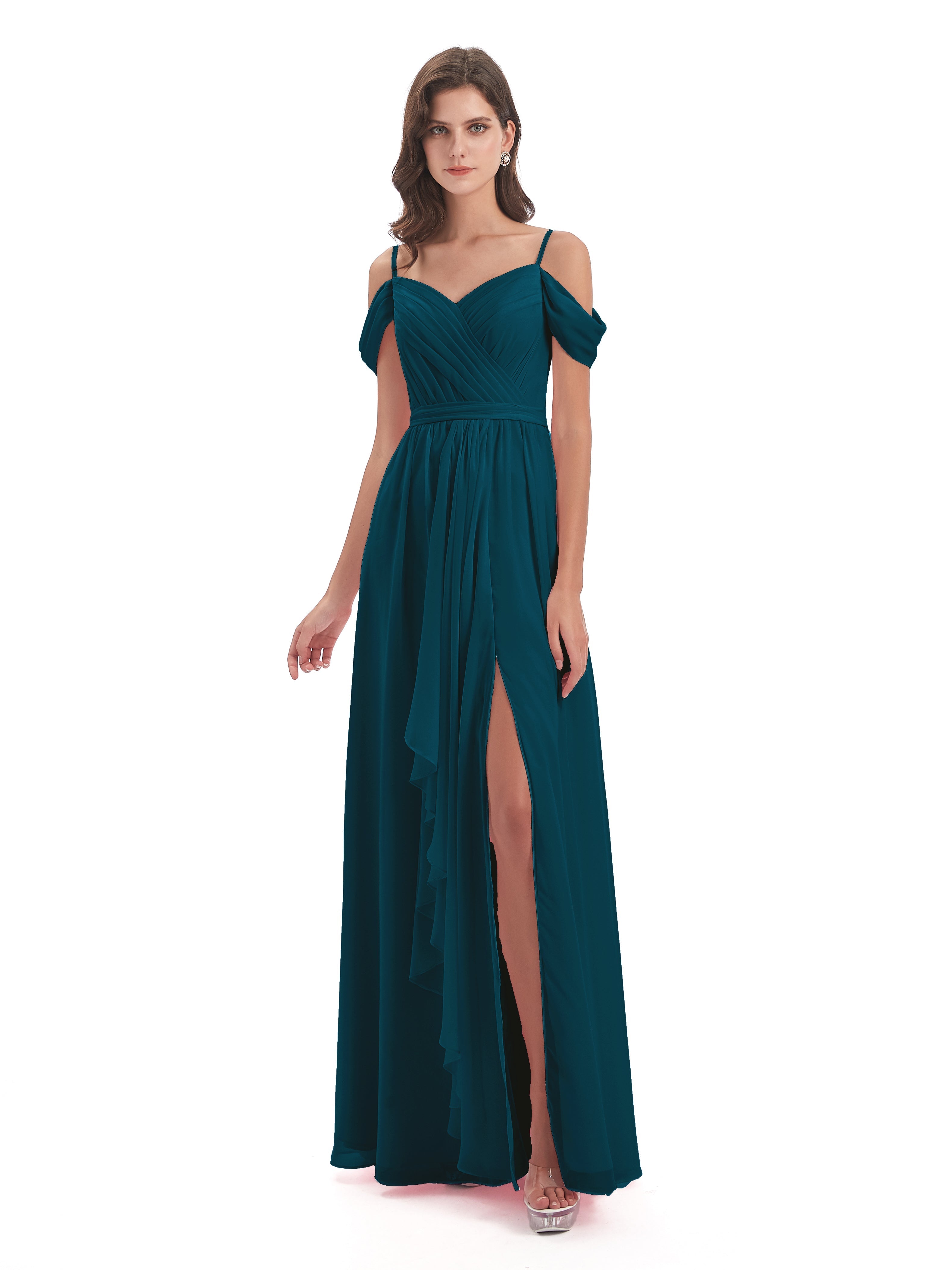 Robes De Demoiselle D'Honneur Bleu Encre Bretelles Spaghetti Fendue Plis Robes Demoiselle D'Honneur