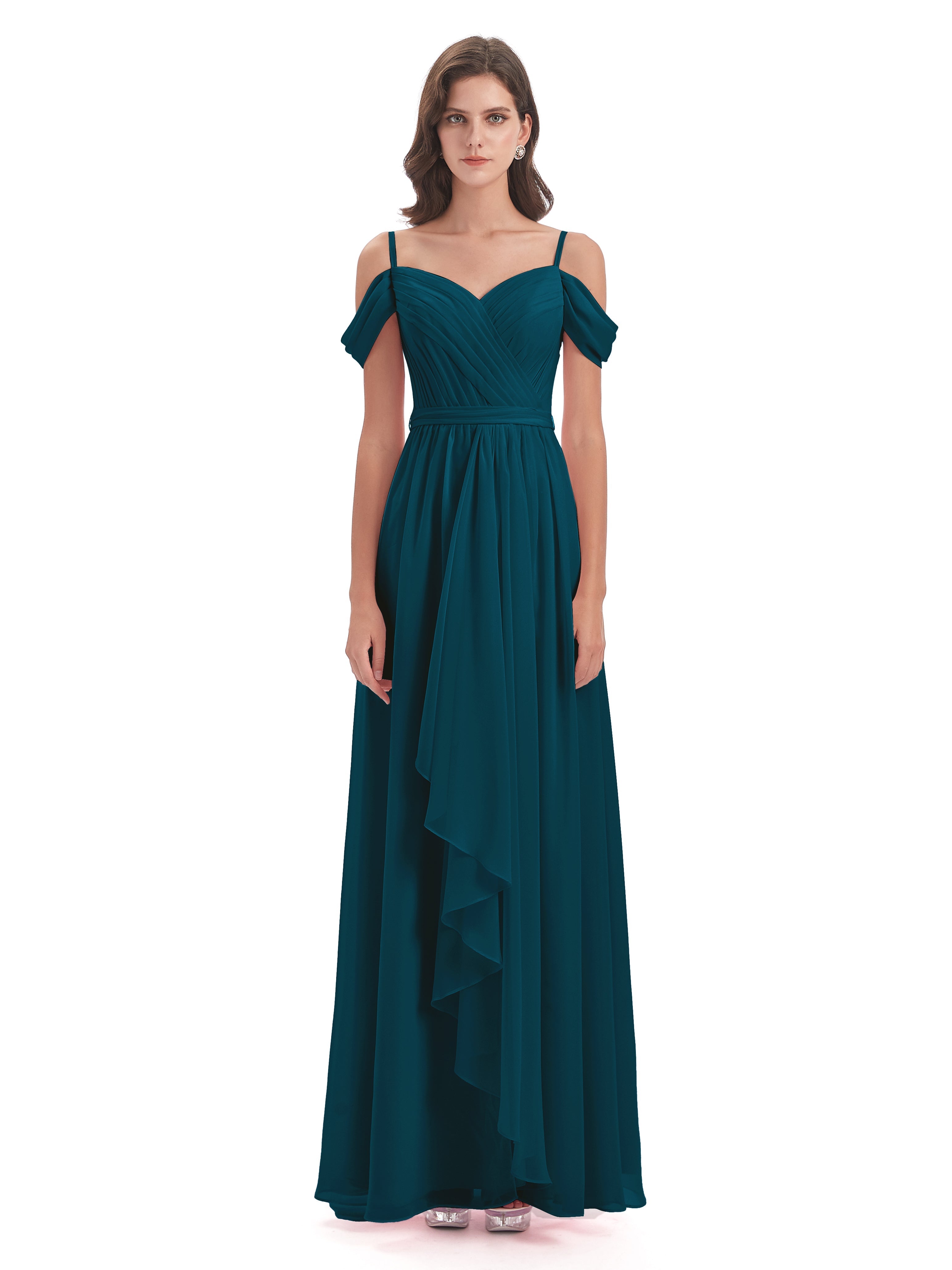 Robes De Demoiselle D'Honneur Bleu Encre Bretelles Spaghetti Fendue Plis Robes Demoiselle D'Honneur