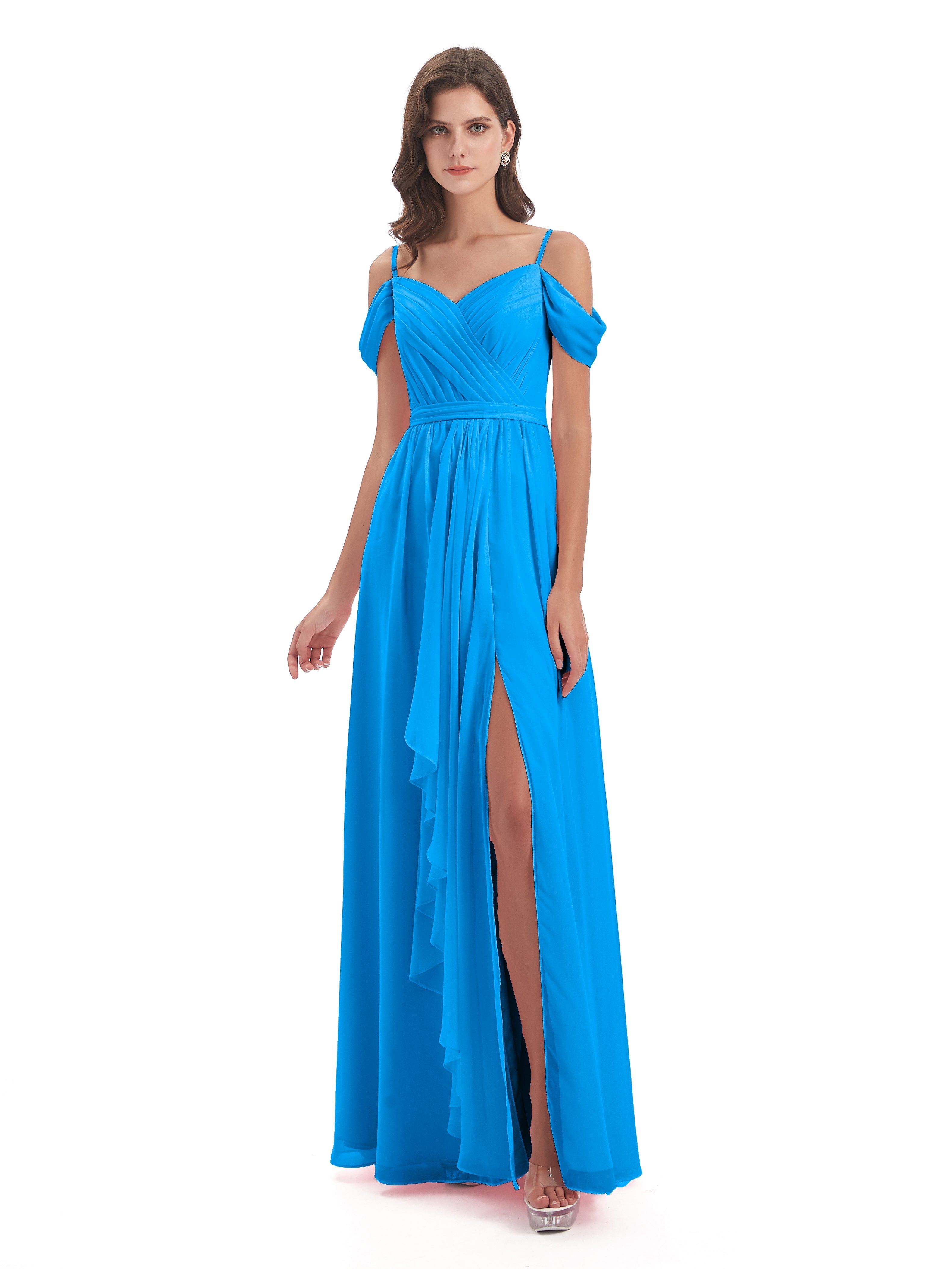 Robes De Demoiselle D'Honneur Bleu Océan Bretelles Spaghetti Fendue Plis Robes Demoiselle D'Honneur