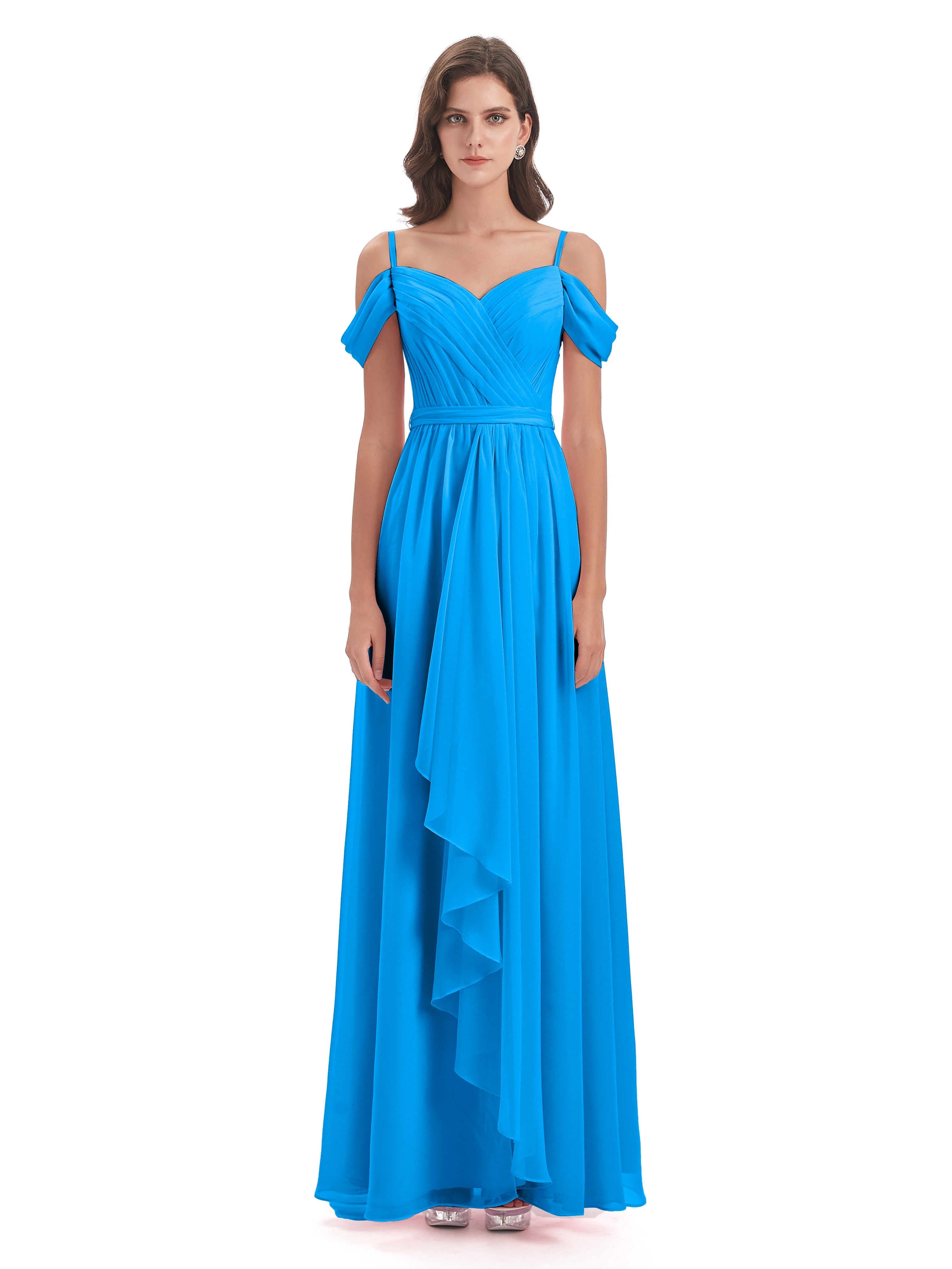 Robes De Demoiselle D'Honneur Bleu Océan Bretelles Spaghetti Fendue Plis Robes Demoiselle D'Honneur