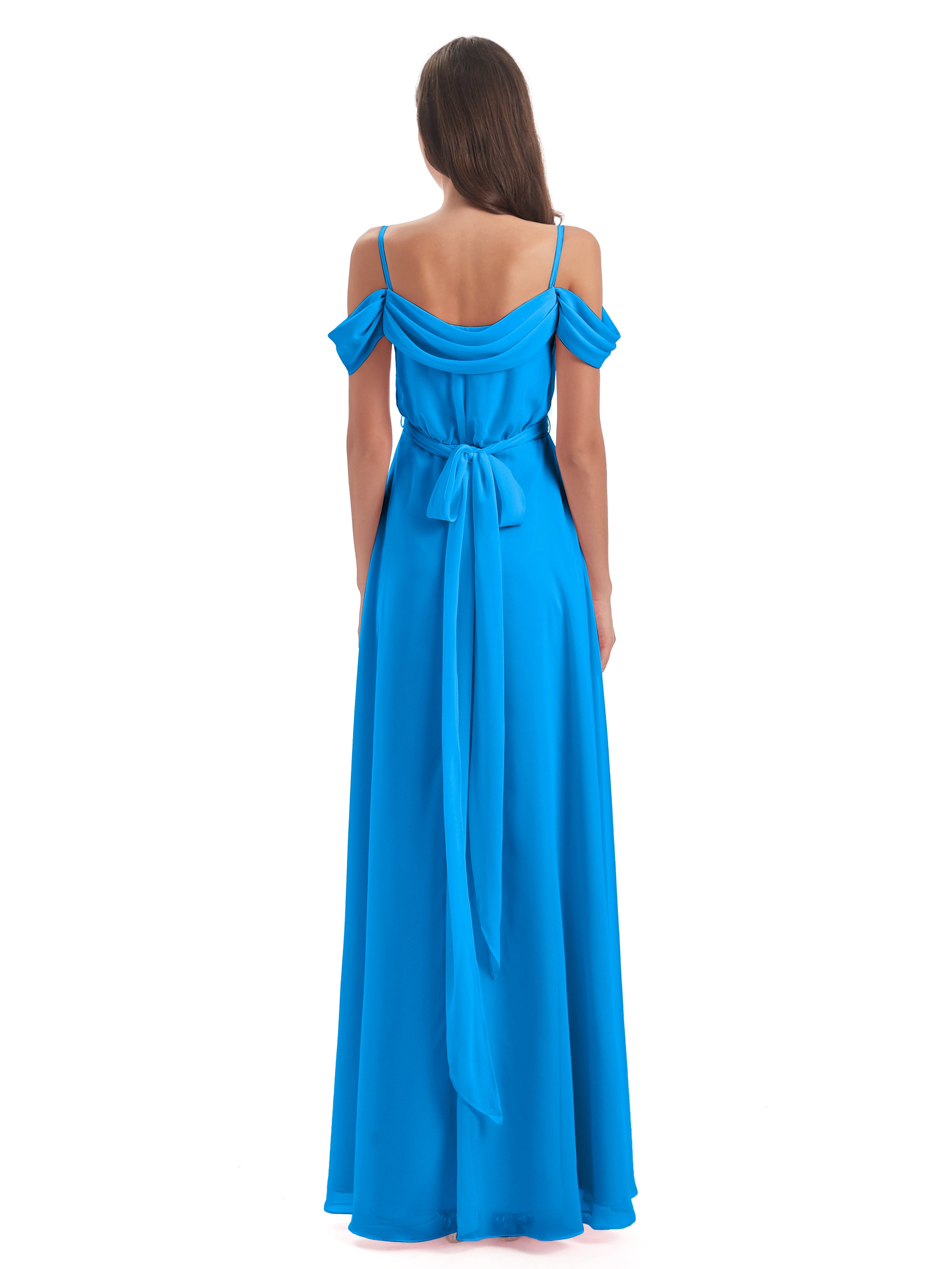 Robes De Demoiselle D'Honneur Bleu Océan Bretelles Spaghetti Fendue Plis Robes Demoiselle D'Honneur