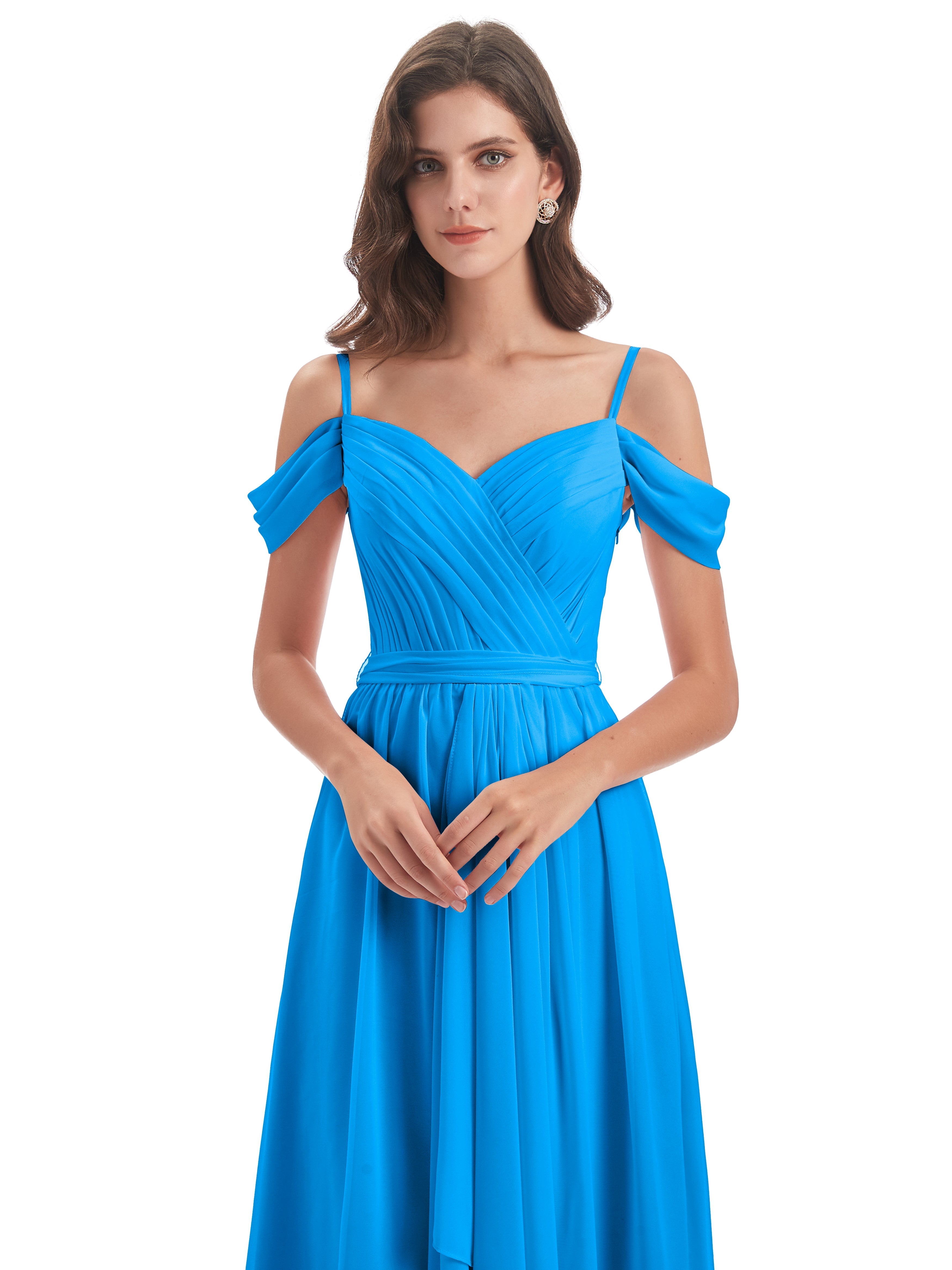 Robes De Demoiselle D'Honneur Bleu Océan Bretelles Spaghetti Fendue Plis Robes Demoiselle D'Honneur
