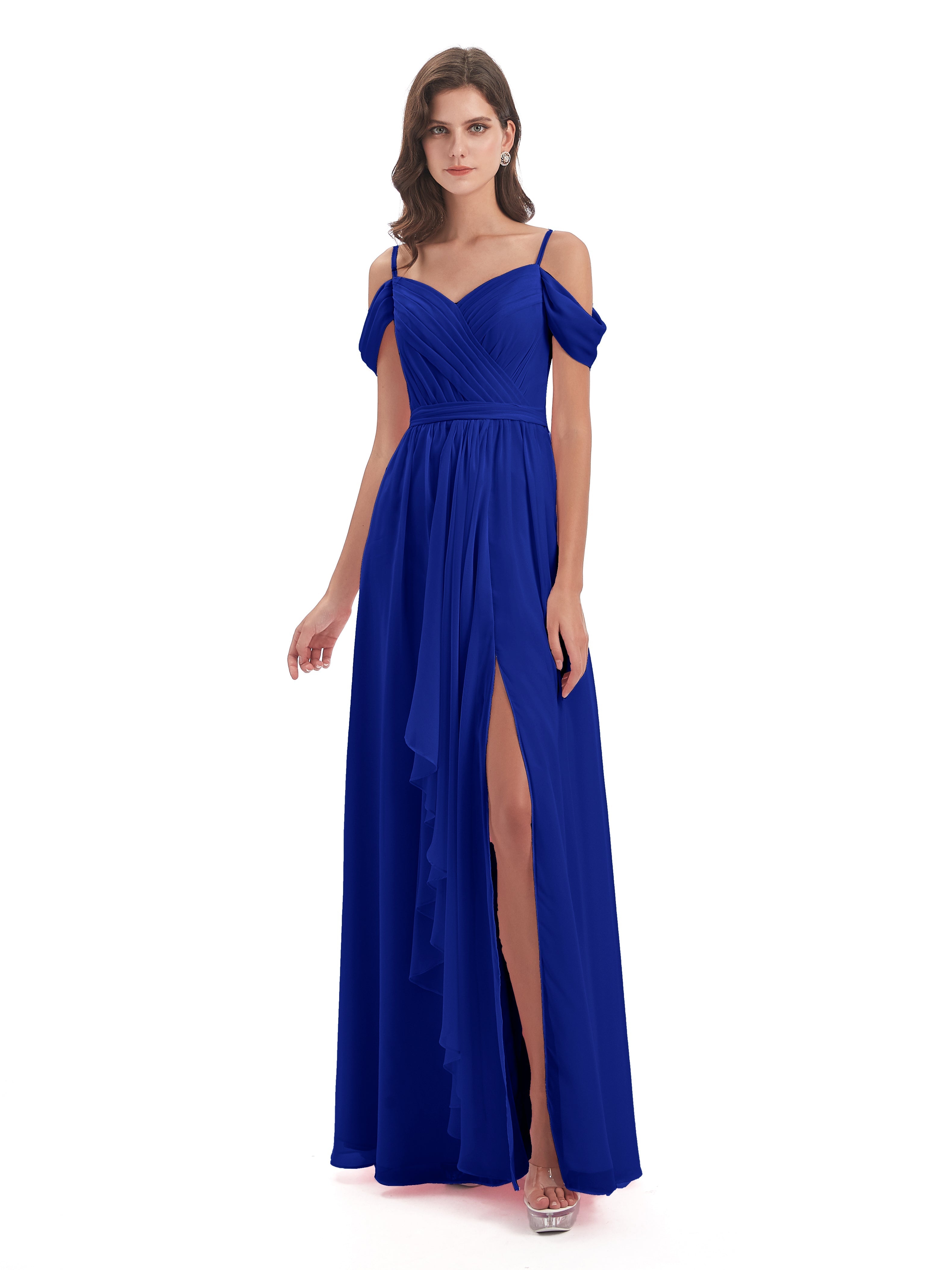Bleu Royal Robe Demoiselle D Honneur Bleu Roi Bretelles Spaghetti Fendue Plis Robes Demoiselle D'Honneur