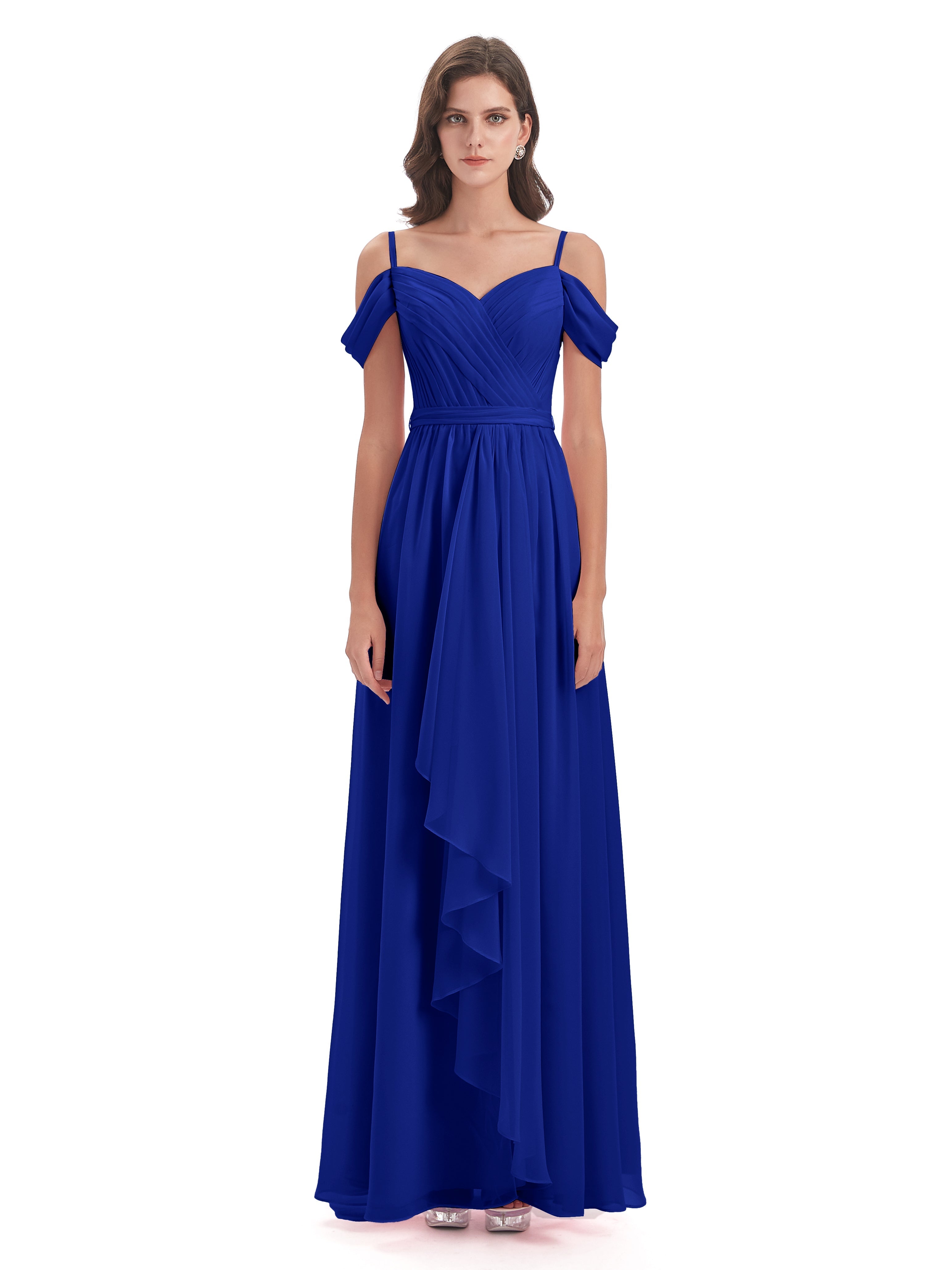 Bleu Royal Robe Demoiselle D Honneur Bleu Roi Bretelles Spaghetti Fendue Plis Robes Demoiselle D'Honneur