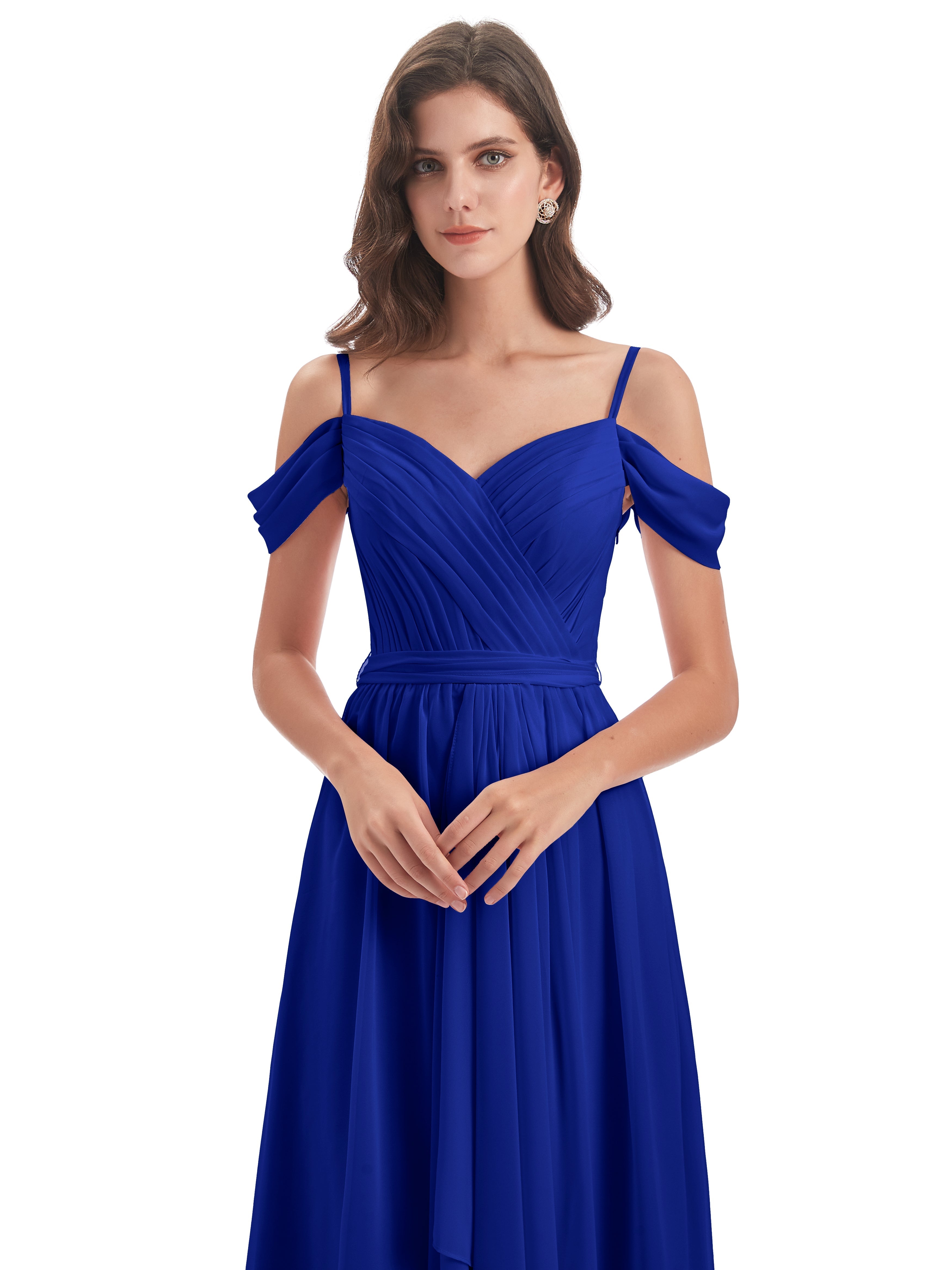 Bleu Royal Robe Demoiselle D Honneur Bleu Roi Bretelles Spaghetti Fendue Plis Robes Demoiselle D'Honneur