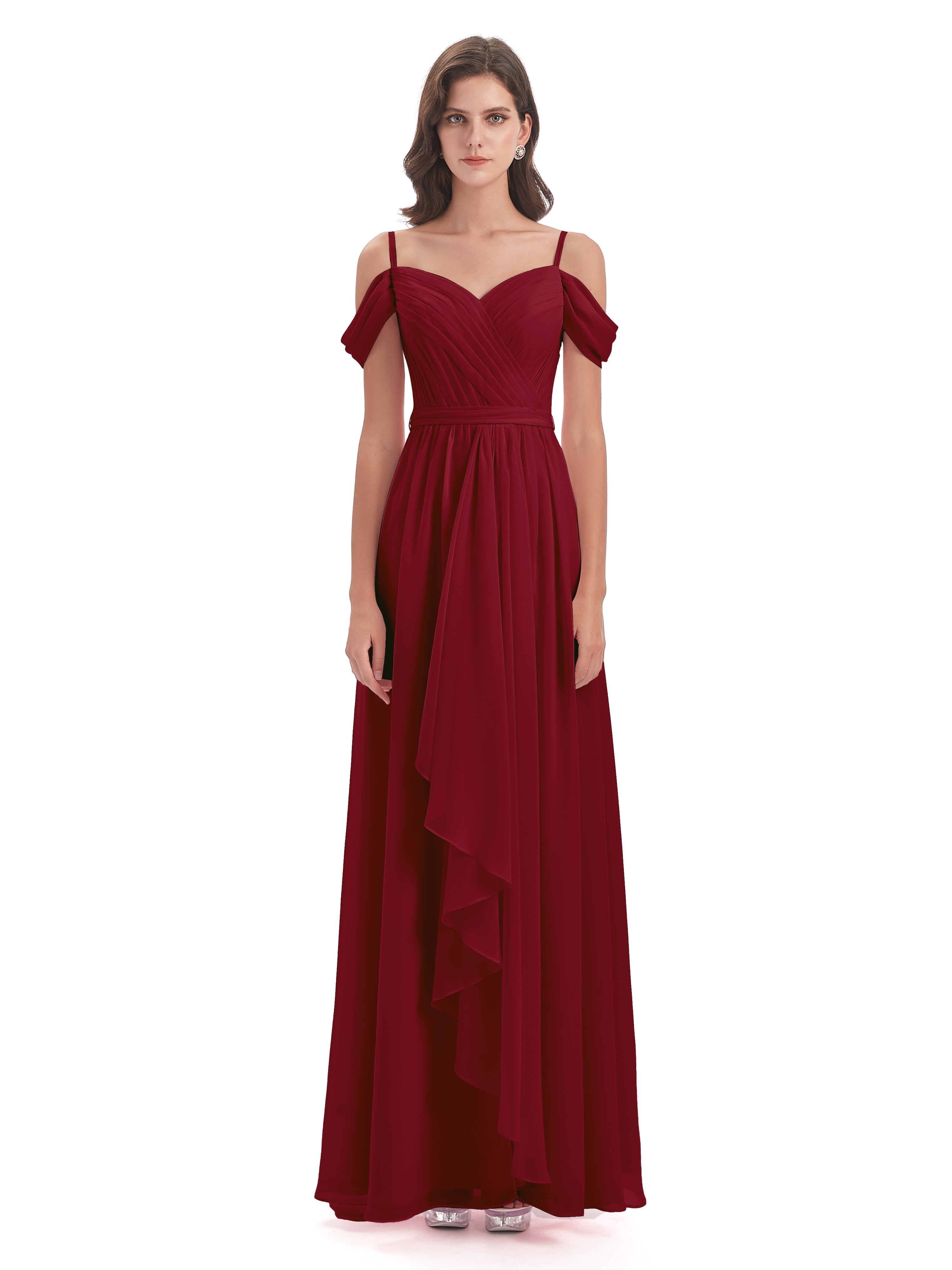 Robes De Demoiselle D'Honneur Bordeaux À Moins De 100 $ Bretelles Spaghetti Fendue Plis Robes Demoiselle D'Honneur
