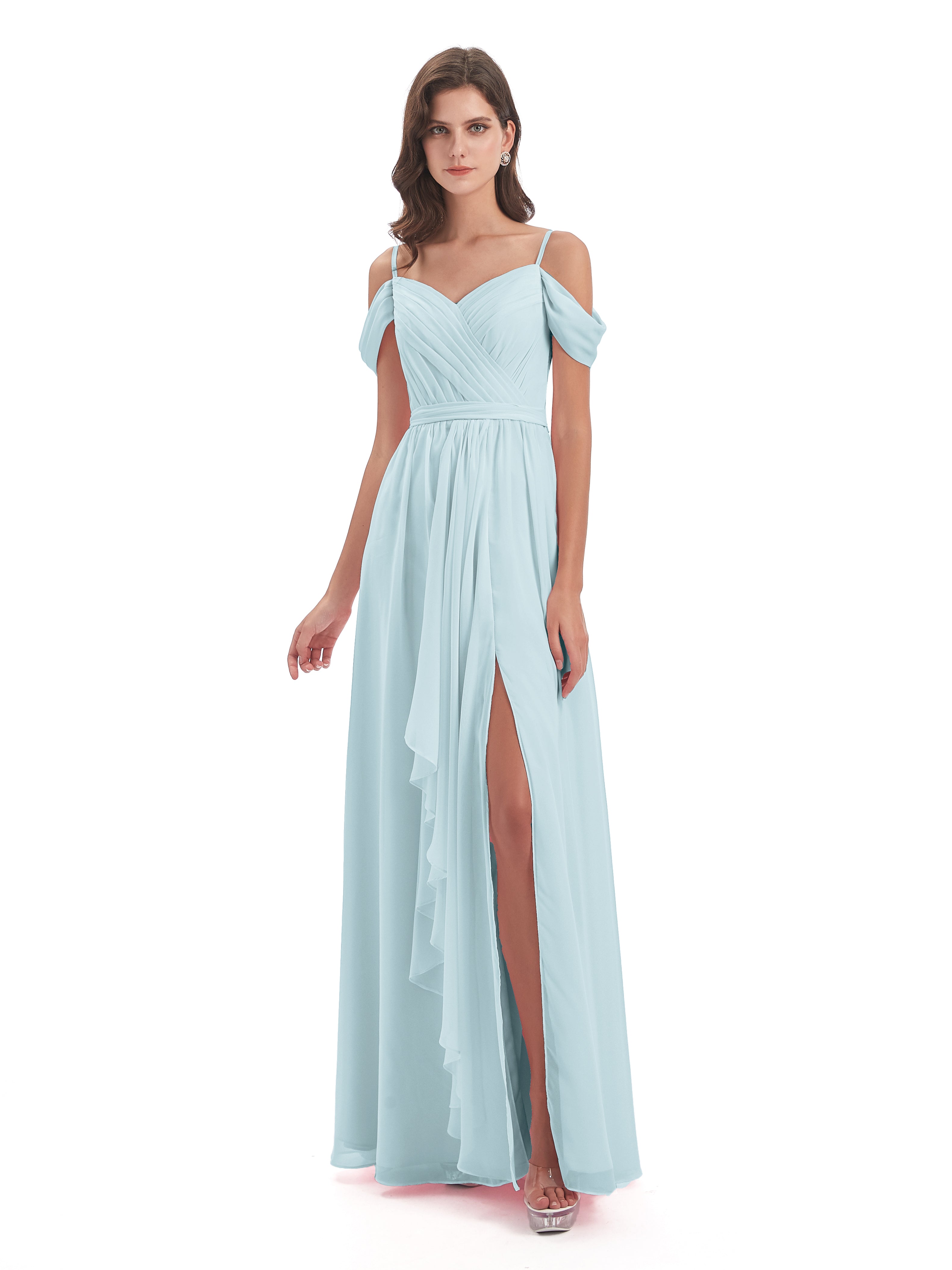 Robe De Demoiselle D'Honneur Brume Bretelles Spaghetti Fendue Plis Robes Demoiselle D'Honneur