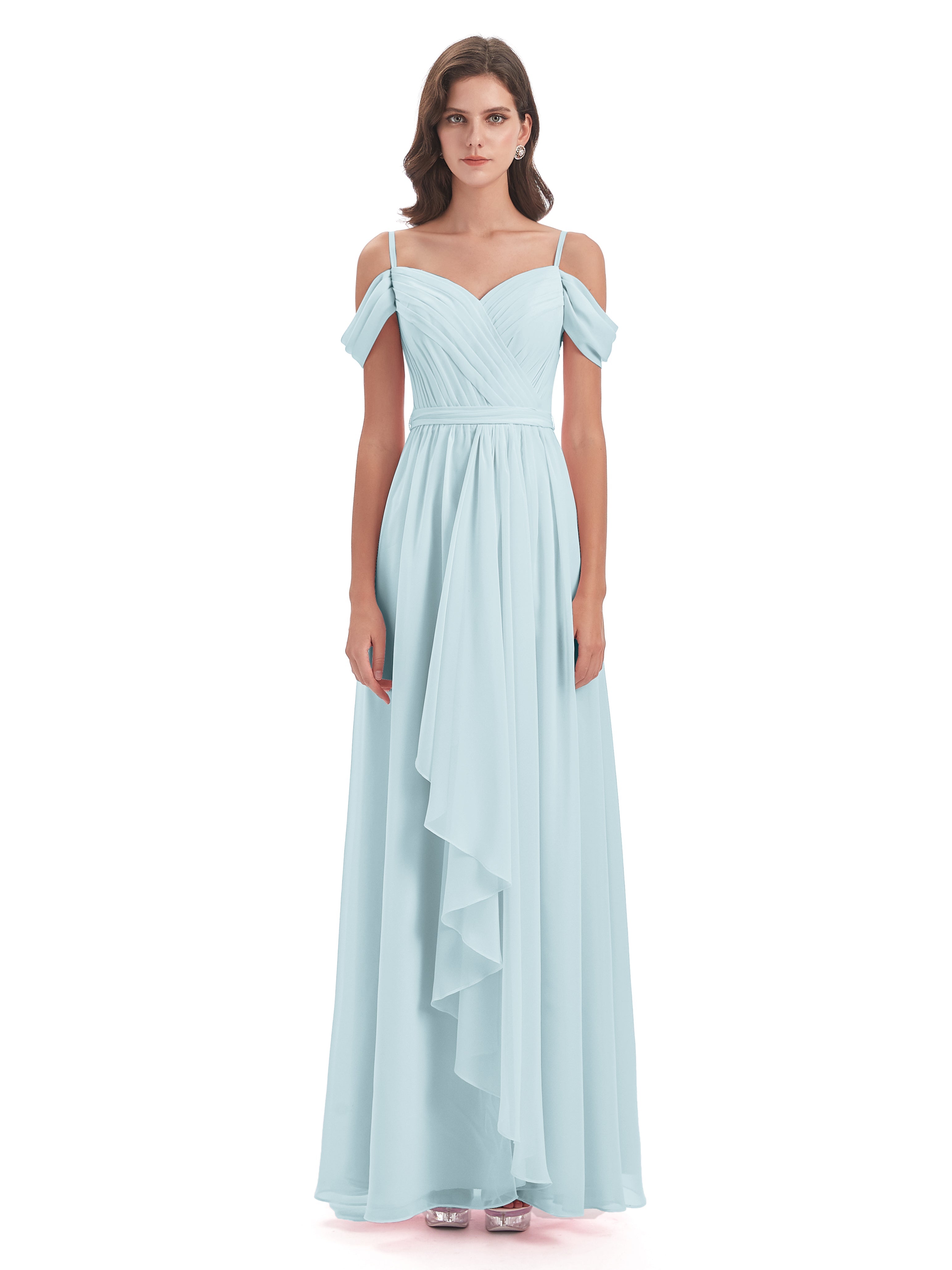 Robe De Demoiselle D'Honneur Brume Bretelles Spaghetti Fendue Plis Robes Demoiselle D'Honneur